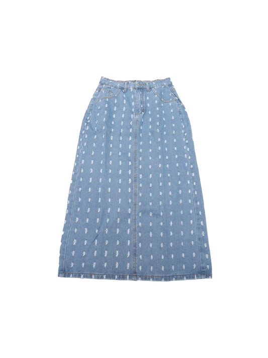Women High Waisted Swiss Dots Back Slit Jean Column Denim Maxi Skirt
