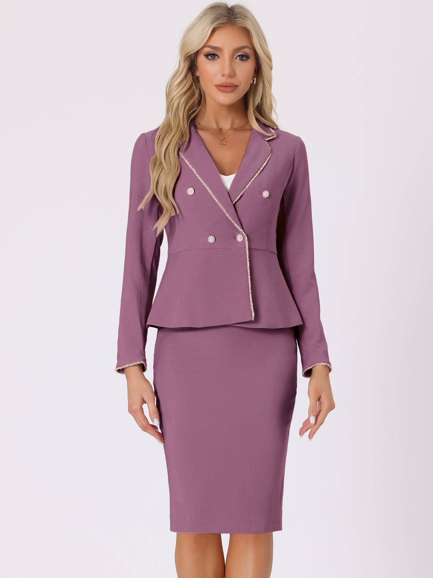 Women's 2 Piece Suit Skirt Set Tweed Trim Blazer Knee Length Pencil Skirt Business Office Wear
