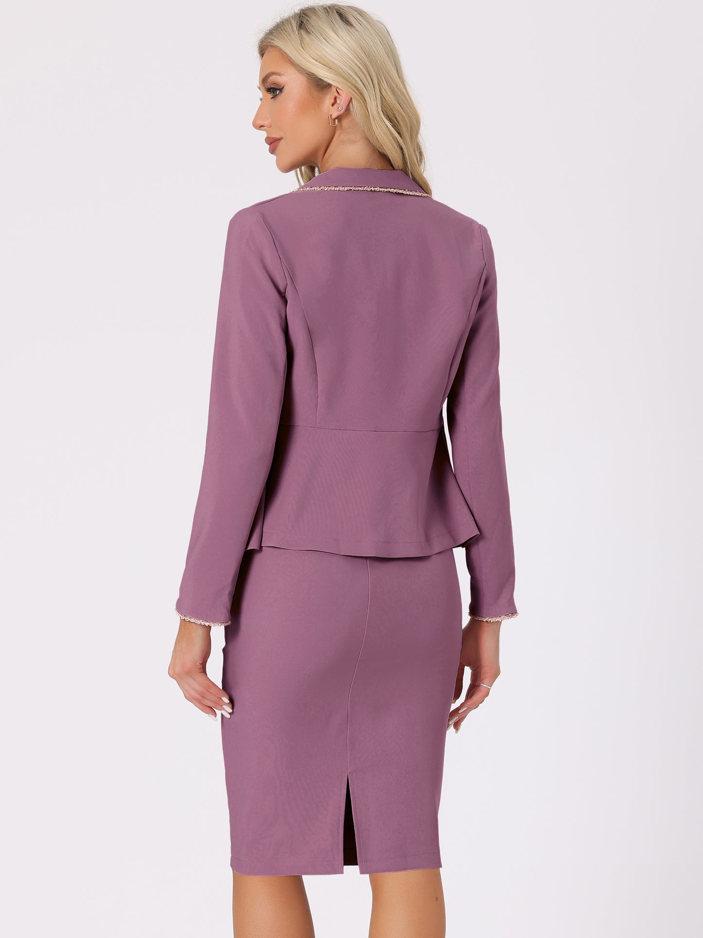Women's 2 Piece Suit Skirt Set Tweed Trim Blazer Knee Length Pencil Skirt Business Office Wear