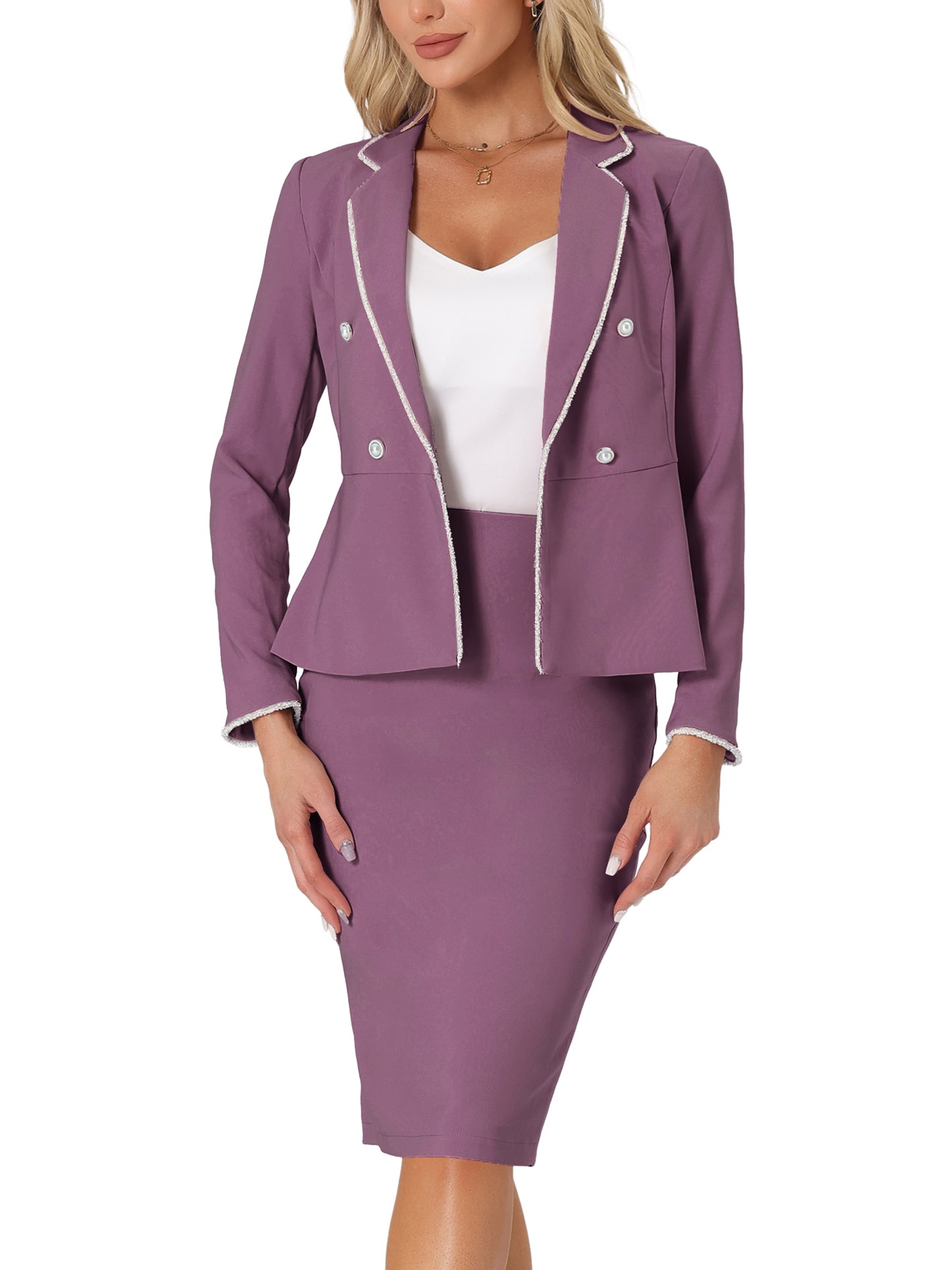 Women's 2 Piece Suit Skirt Set Tweed Trim Blazer Knee Length Pencil Skirt Business Office Wear