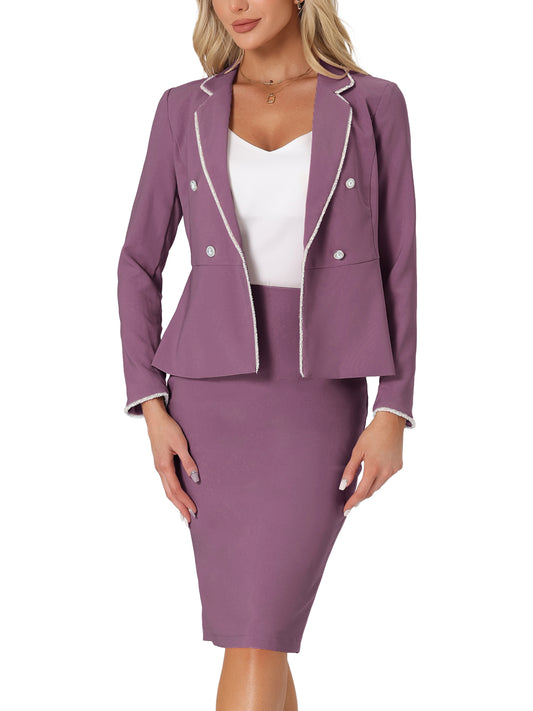 Women's 2 Piece Suit Skirt Set Tweed Trim Blazer Knee Length Pencil Skirt Business Office Wear