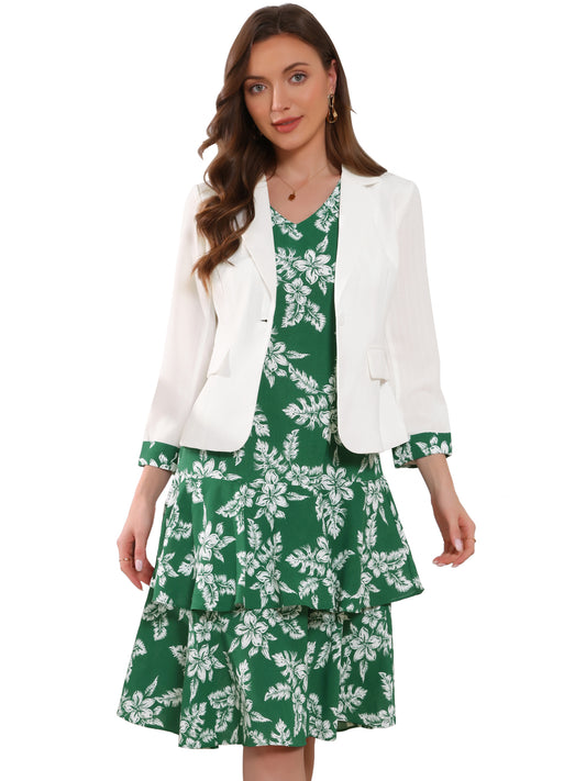 Women's Dress Suit Set Chiffon V Neck Floral Print Dress Contrast Panel Work Blazer