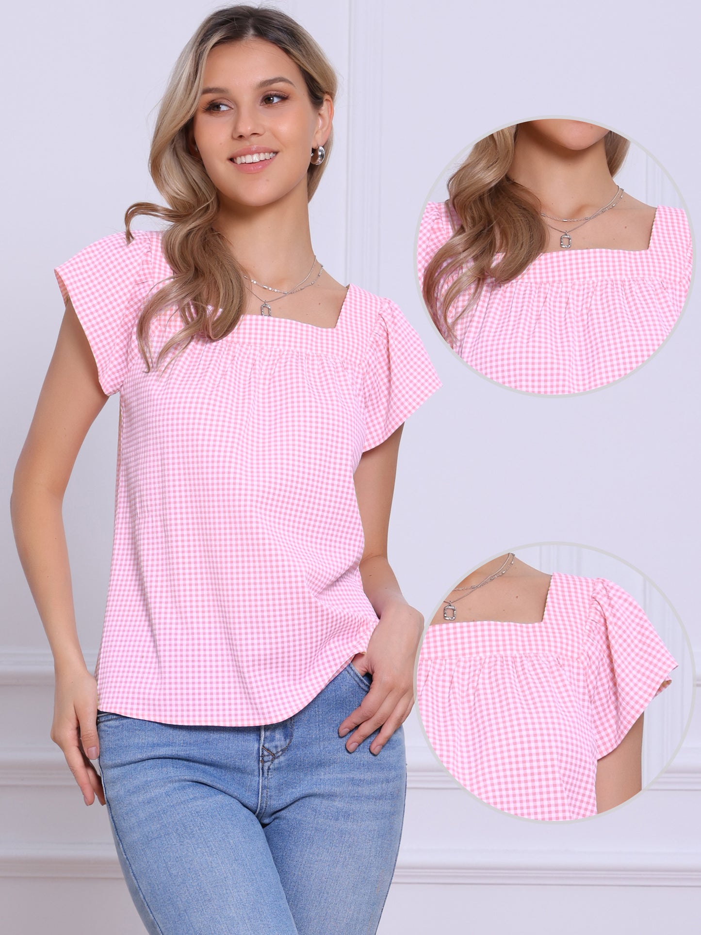 Women's Cap Sleeve Summer Square Neck Gingham Blouse Top
