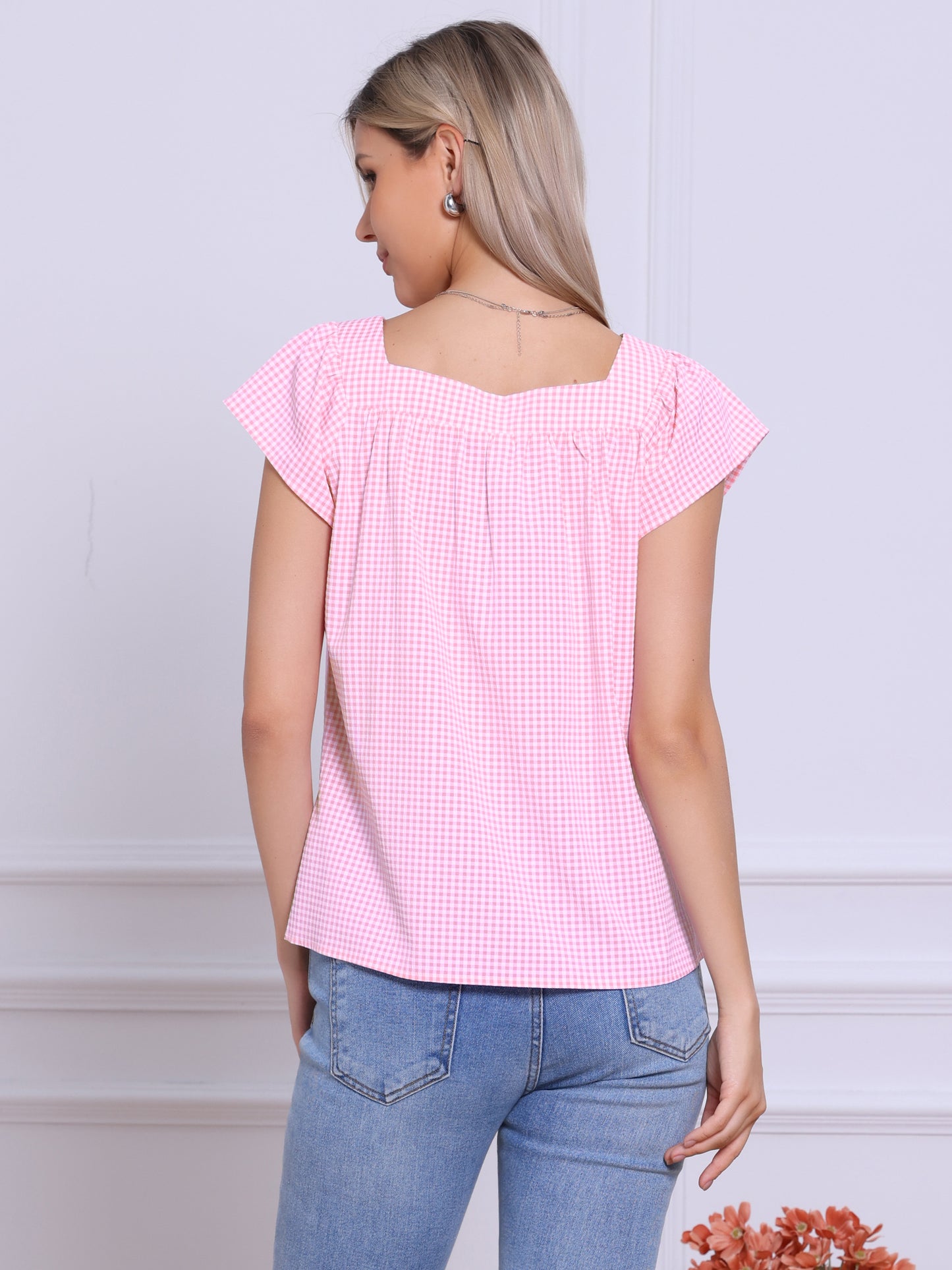 Women's Cap Sleeve Summer Square Neck Gingham Blouse Top