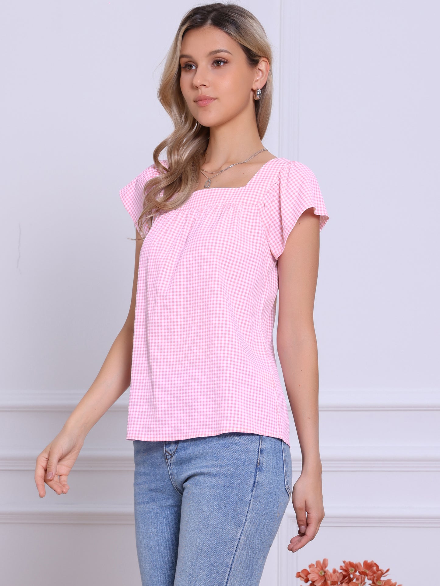 Women's Cap Sleeve Summer Square Neck Gingham Blouse Top