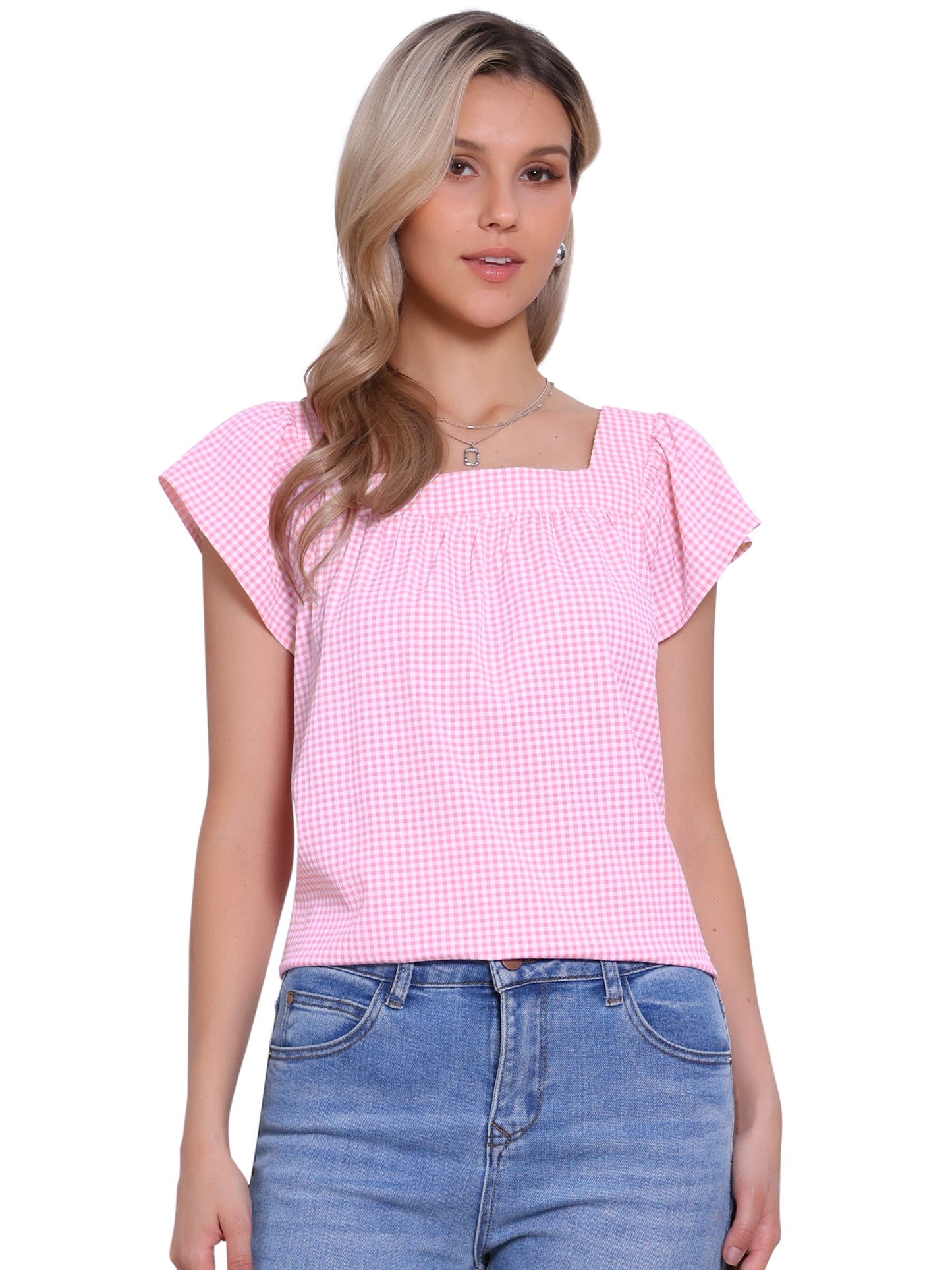 Women's Cap Sleeve Summer Square Neck Gingham Blouse Top