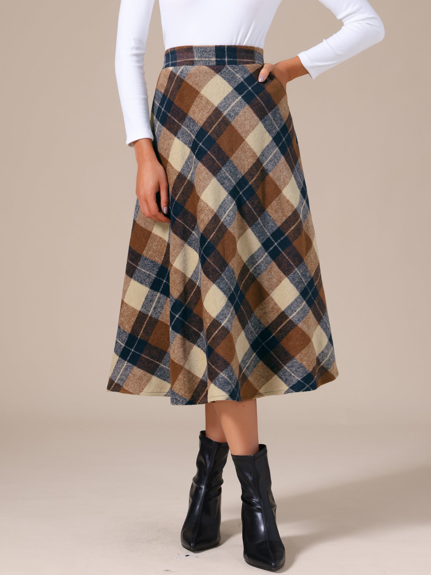 Falda larga estilo A con cintura alta y bolsillos a cuadros vintage para mujer