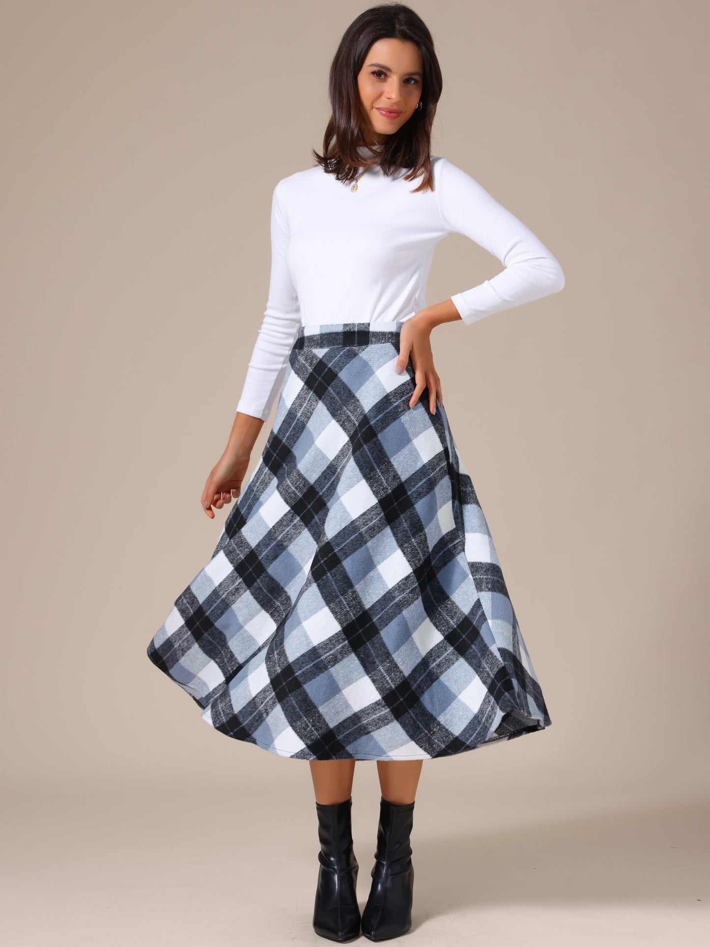 Falda larga estilo A con cintura alta y bolsillos a cuadros vintage para mujer