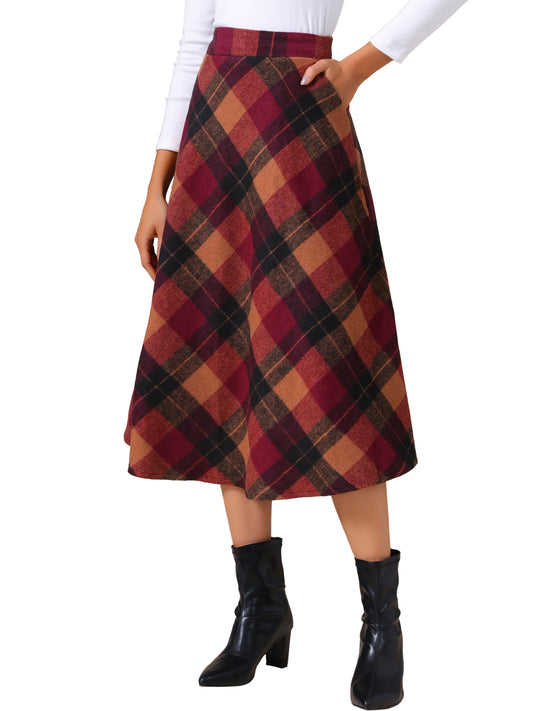 Falda larga estilo A con cintura alta y bolsillos a cuadros vintage para mujer