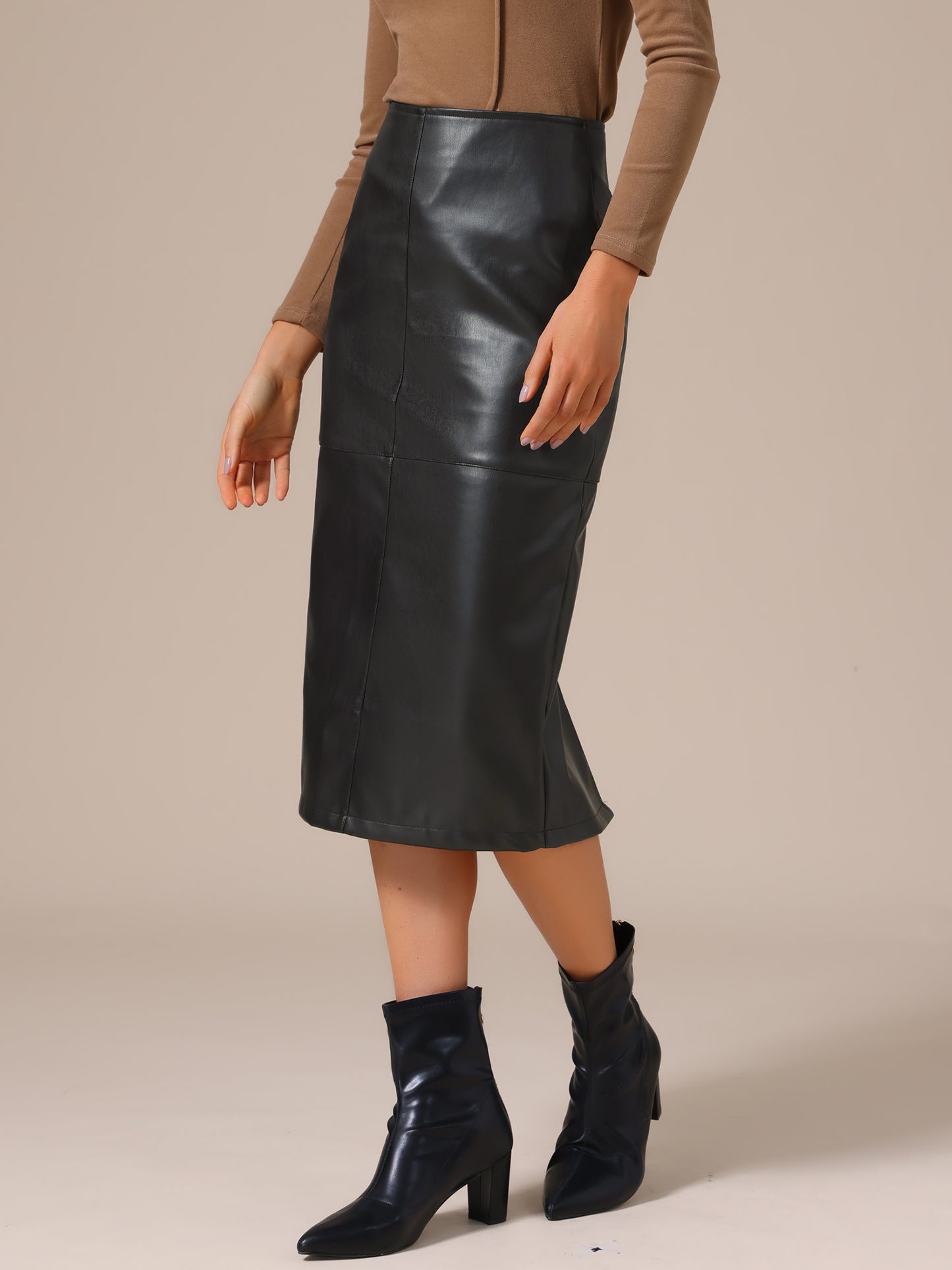 Women's PU Leather High Waist Split Back Bodycon Pencil Midi Skirt