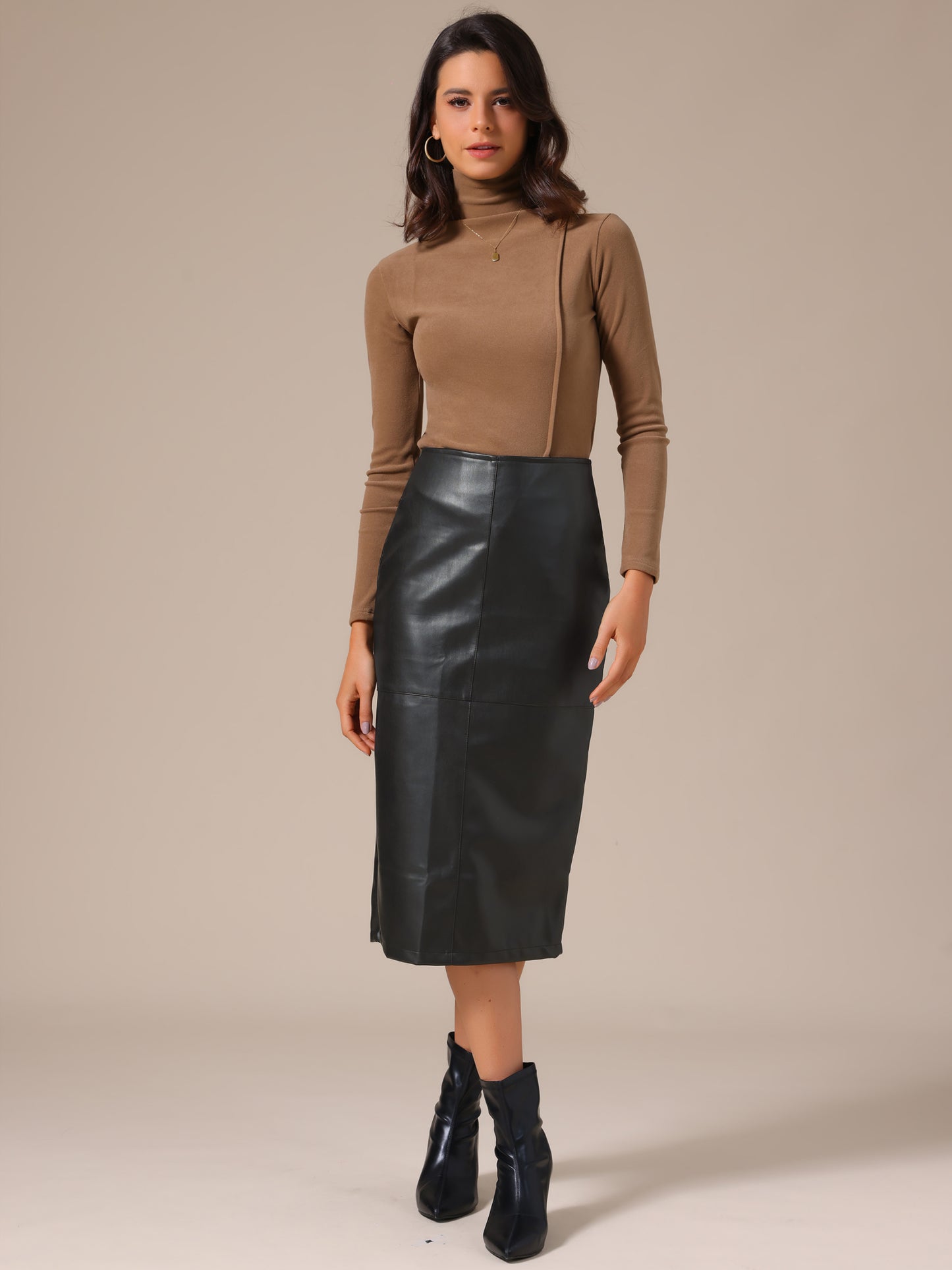 Women's PU Leather High Waist Split Back Bodycon Pencil Midi Skirt