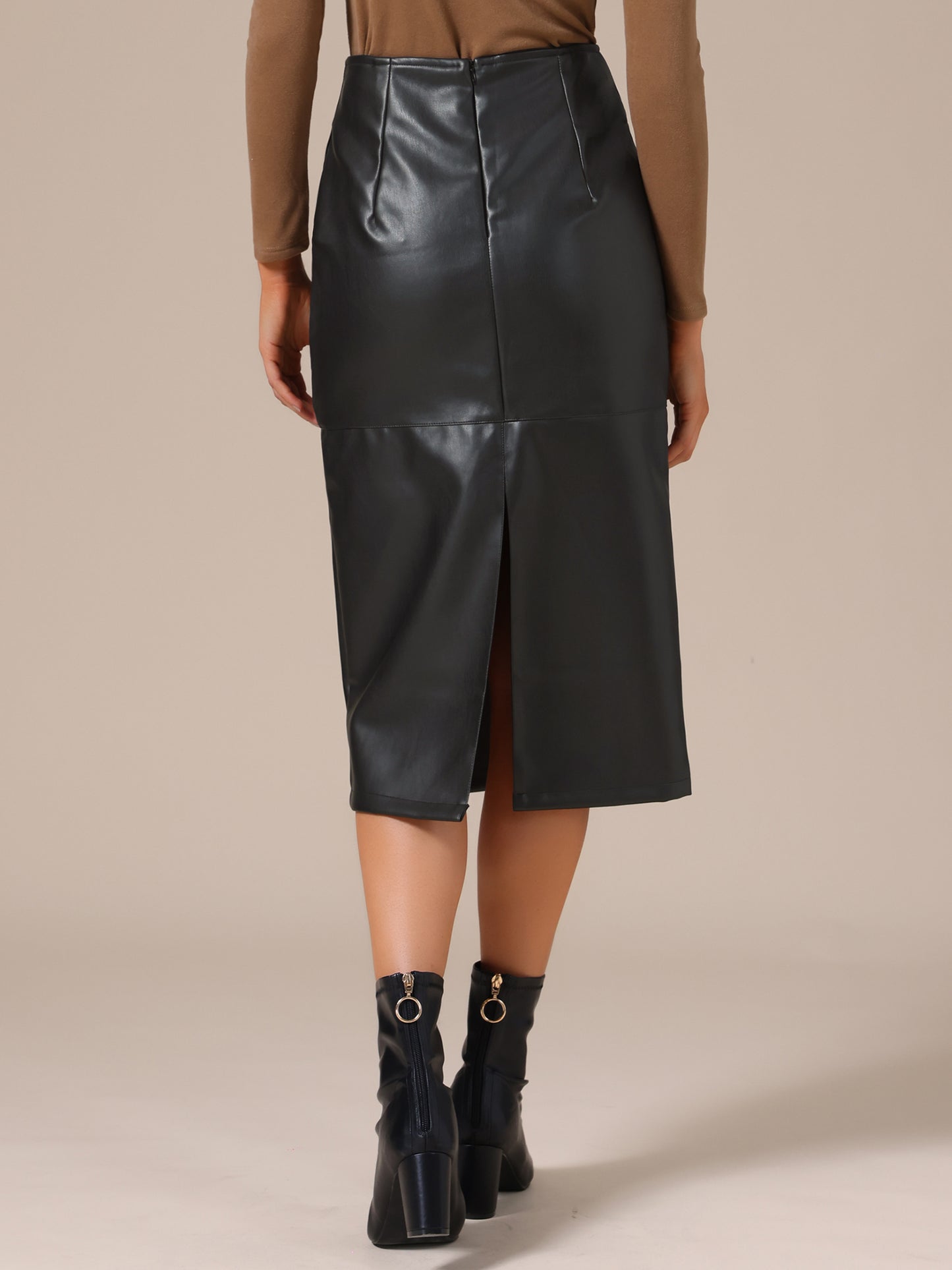 Women's PU Leather High Waist Split Back Bodycon Pencil Midi Skirt