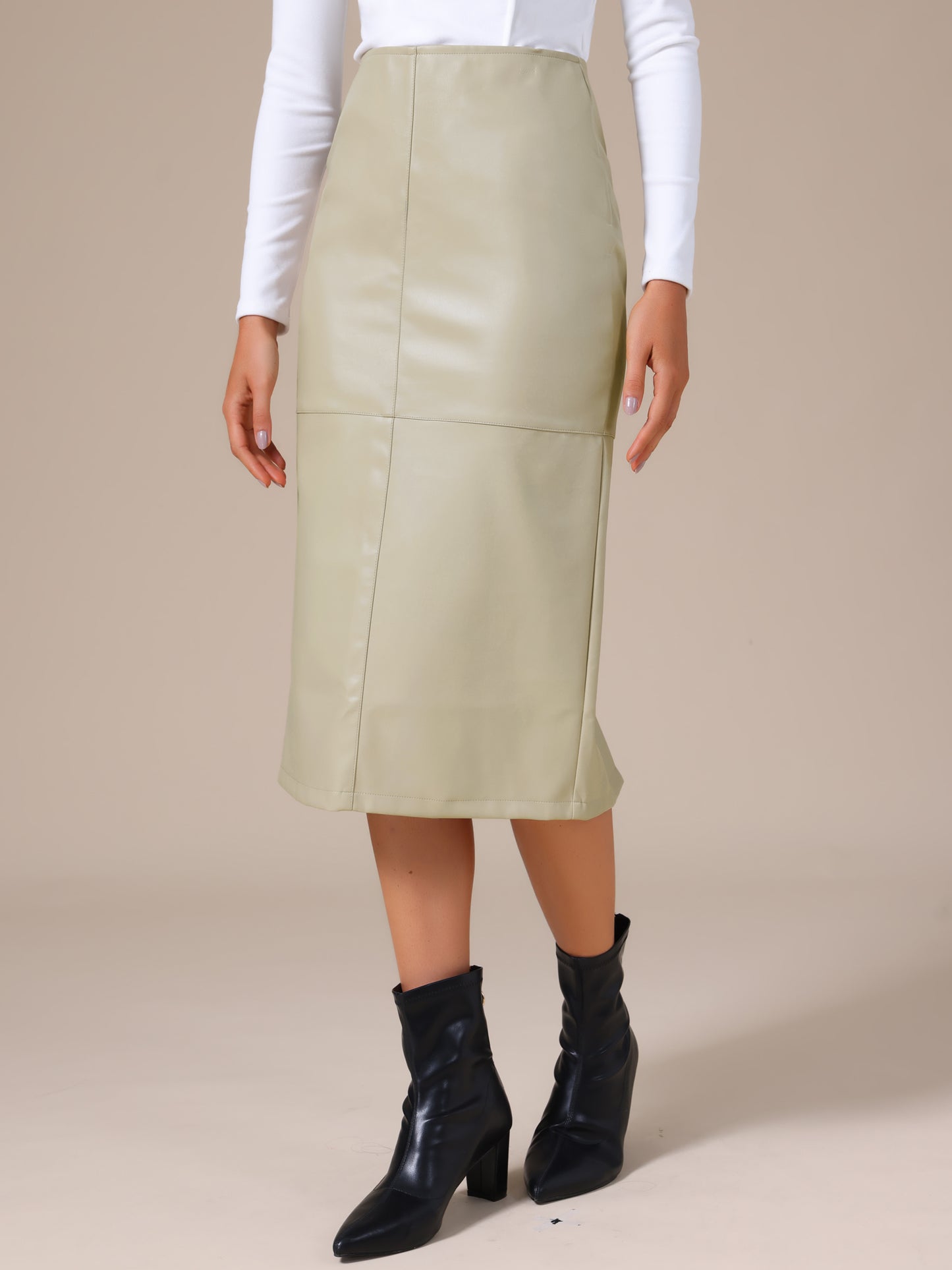 Women's PU Leather High Waist Split Back Bodycon Pencil Midi Skirt