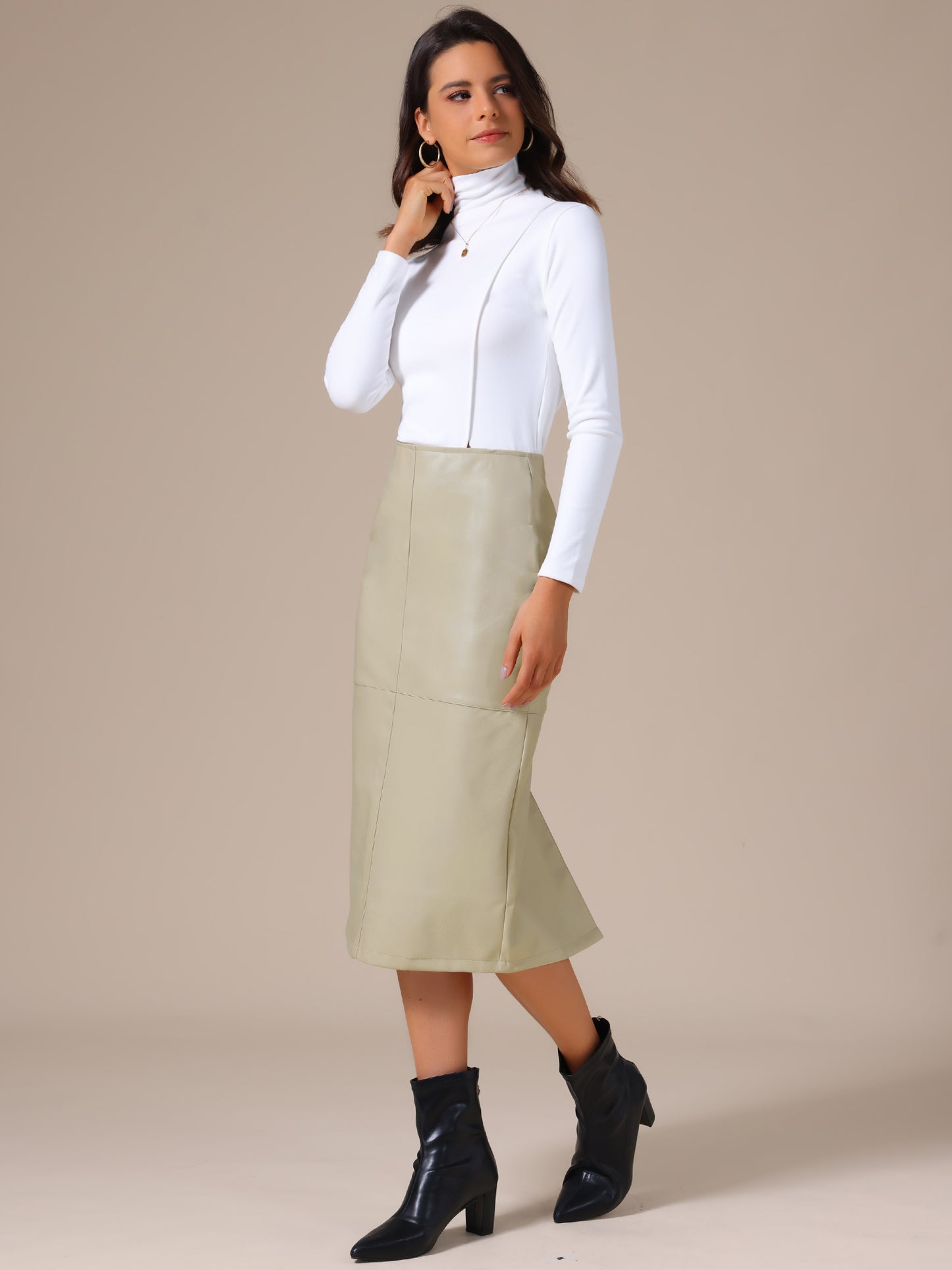 Women's PU Leather High Waist Split Back Bodycon Pencil Midi Skirt