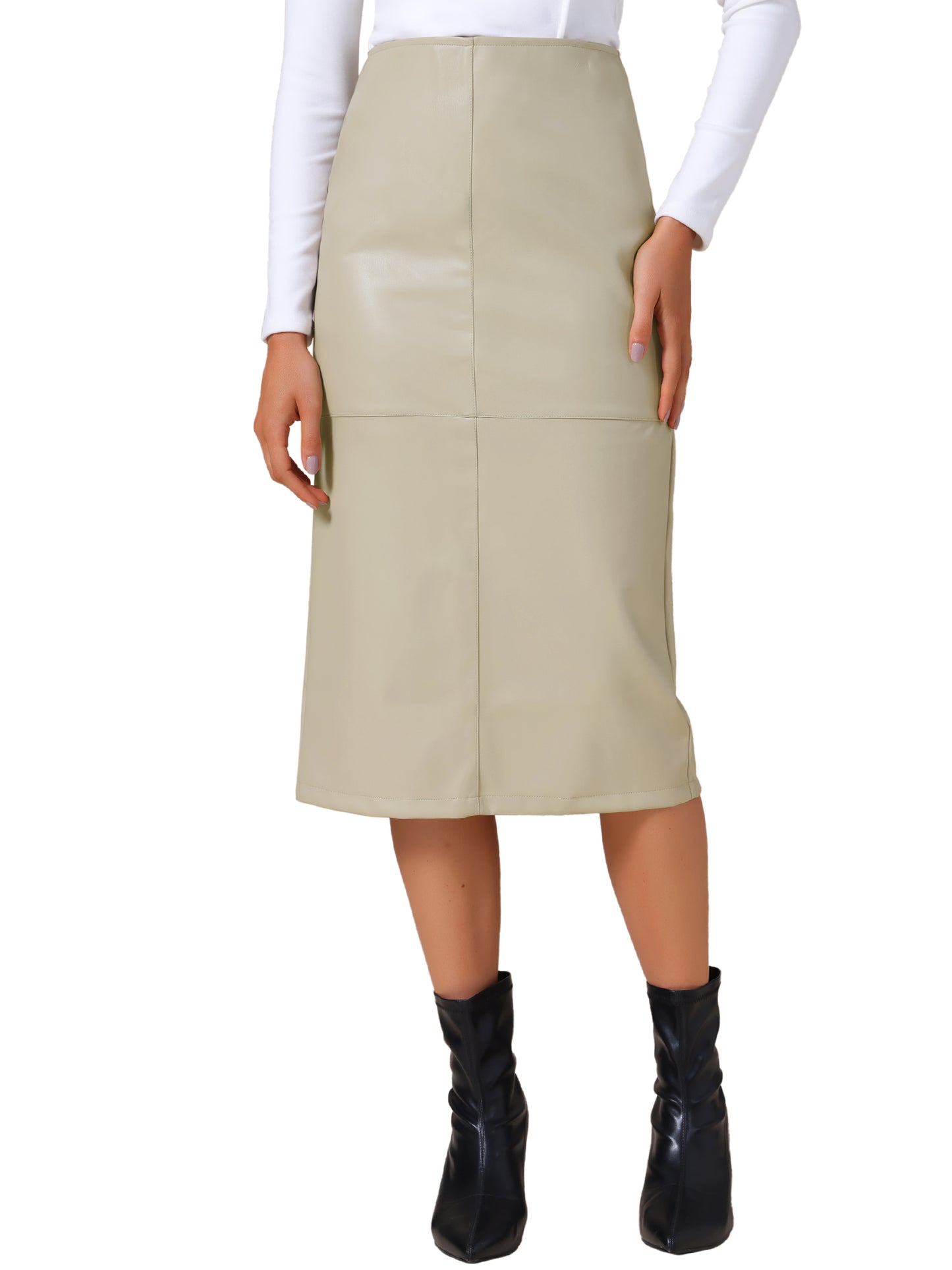 Women's PU Leather High Waist Split Back Bodycon Pencil Midi Skirt