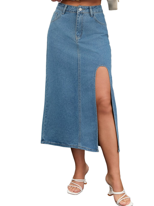 Women's Slit High Waist A-Line Thigh Split Midi Denim Skirt