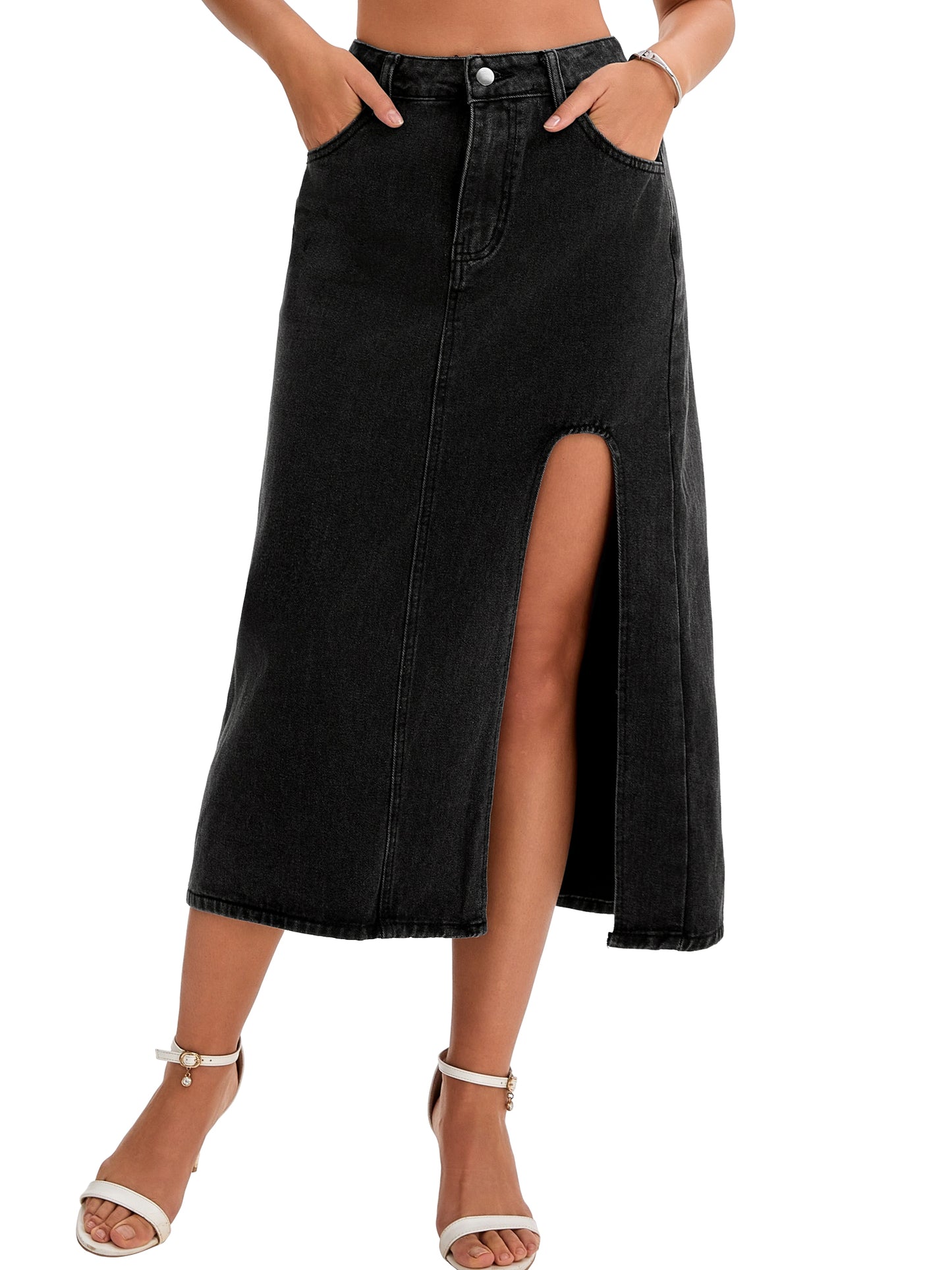 Women's Slit High Waist A-Line Thigh Split Midi Denim Skirt