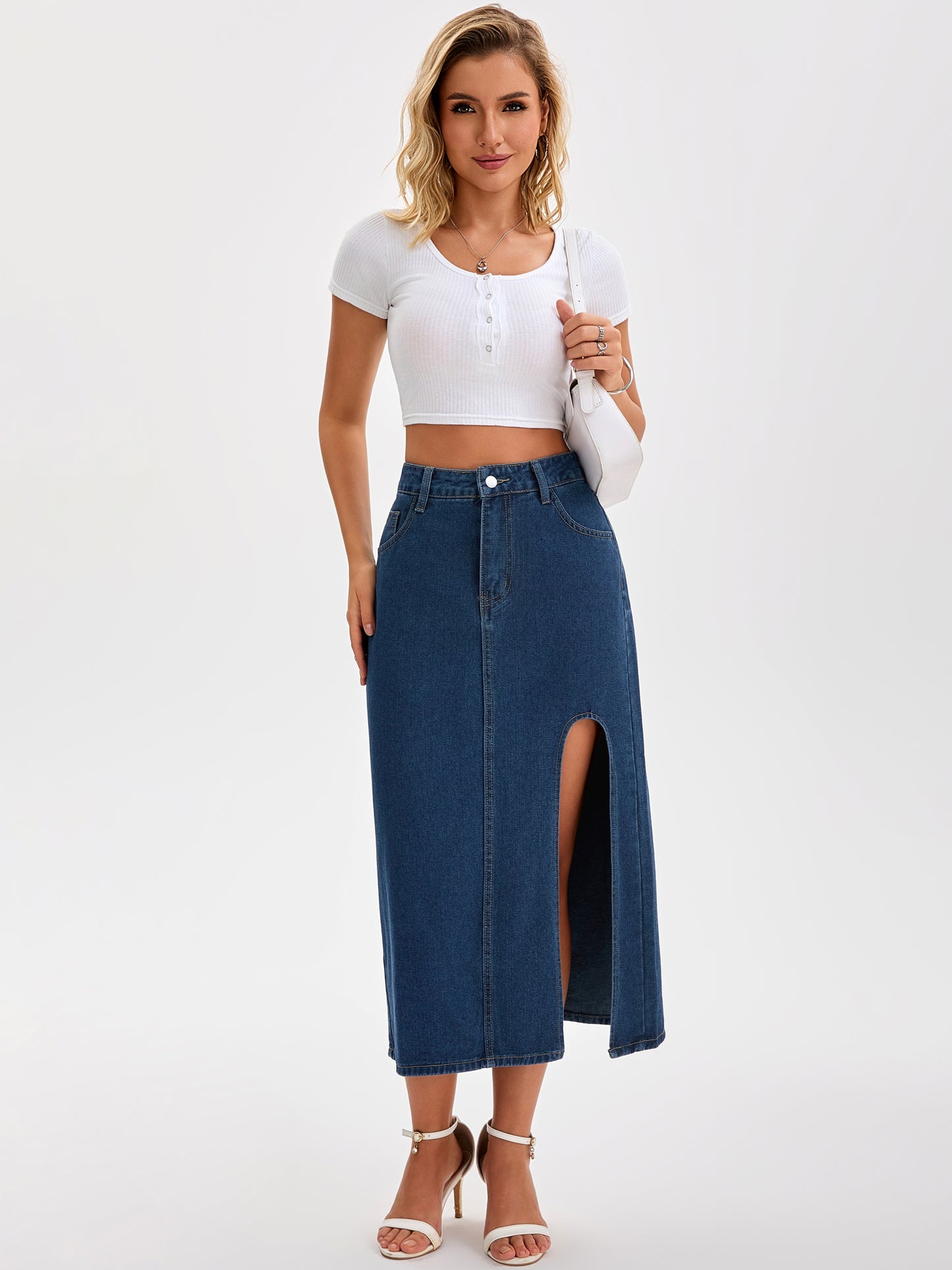 Women's Slit High Waist A-Line Thigh Split Midi Denim Skirt