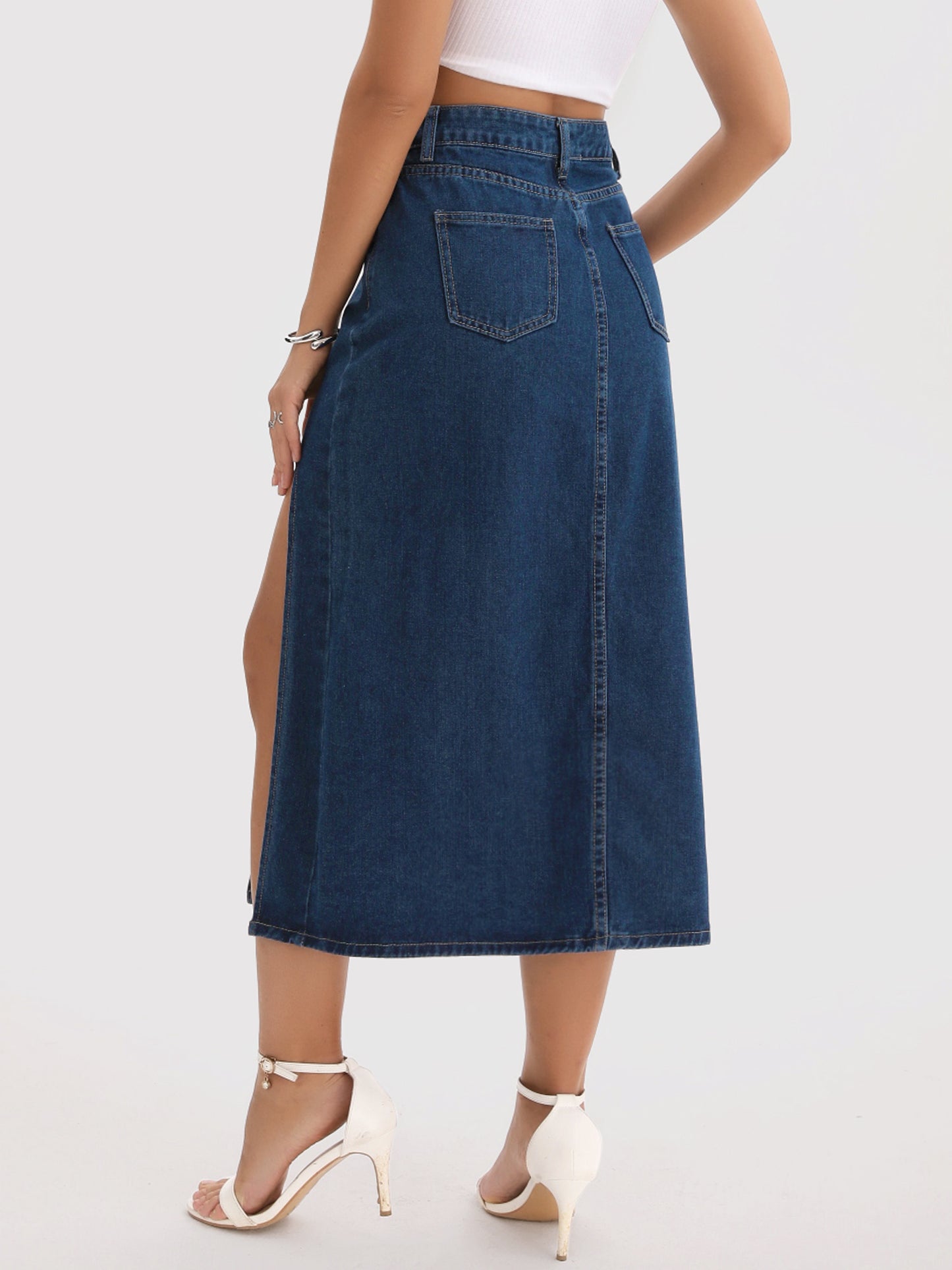 Women's Slit High Waist A-Line Thigh Split Midi Denim Skirt