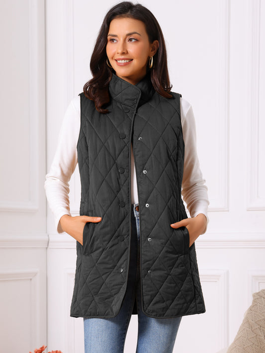 Women's Winter Long Stand Collar Sleeveless Puffy Lightweight Gilet Quilted Puffer Vest