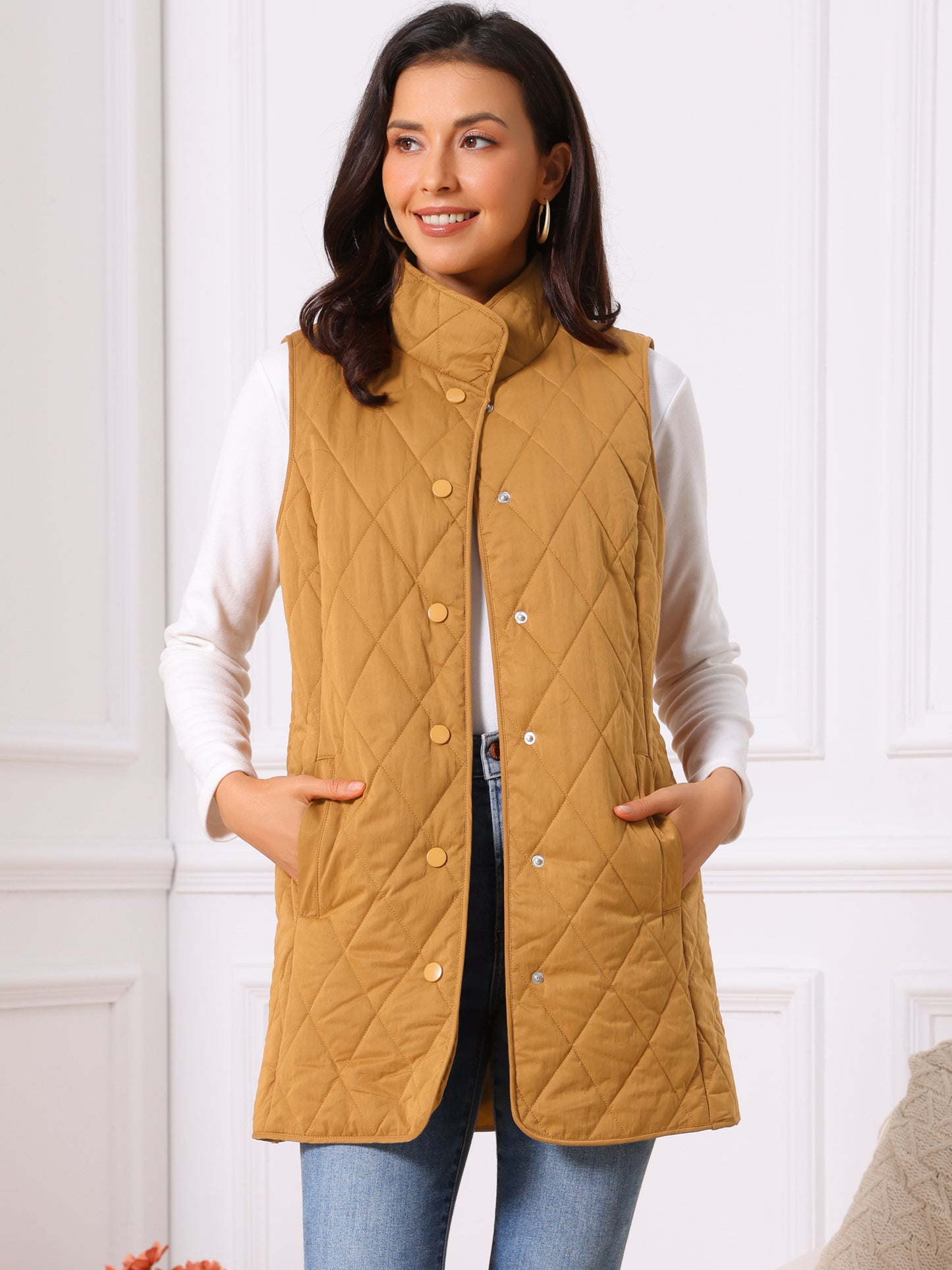 Women's Winter Long Stand Collar Sleeveless Puffy Lightweight Gilet Quilted Puffer Vest