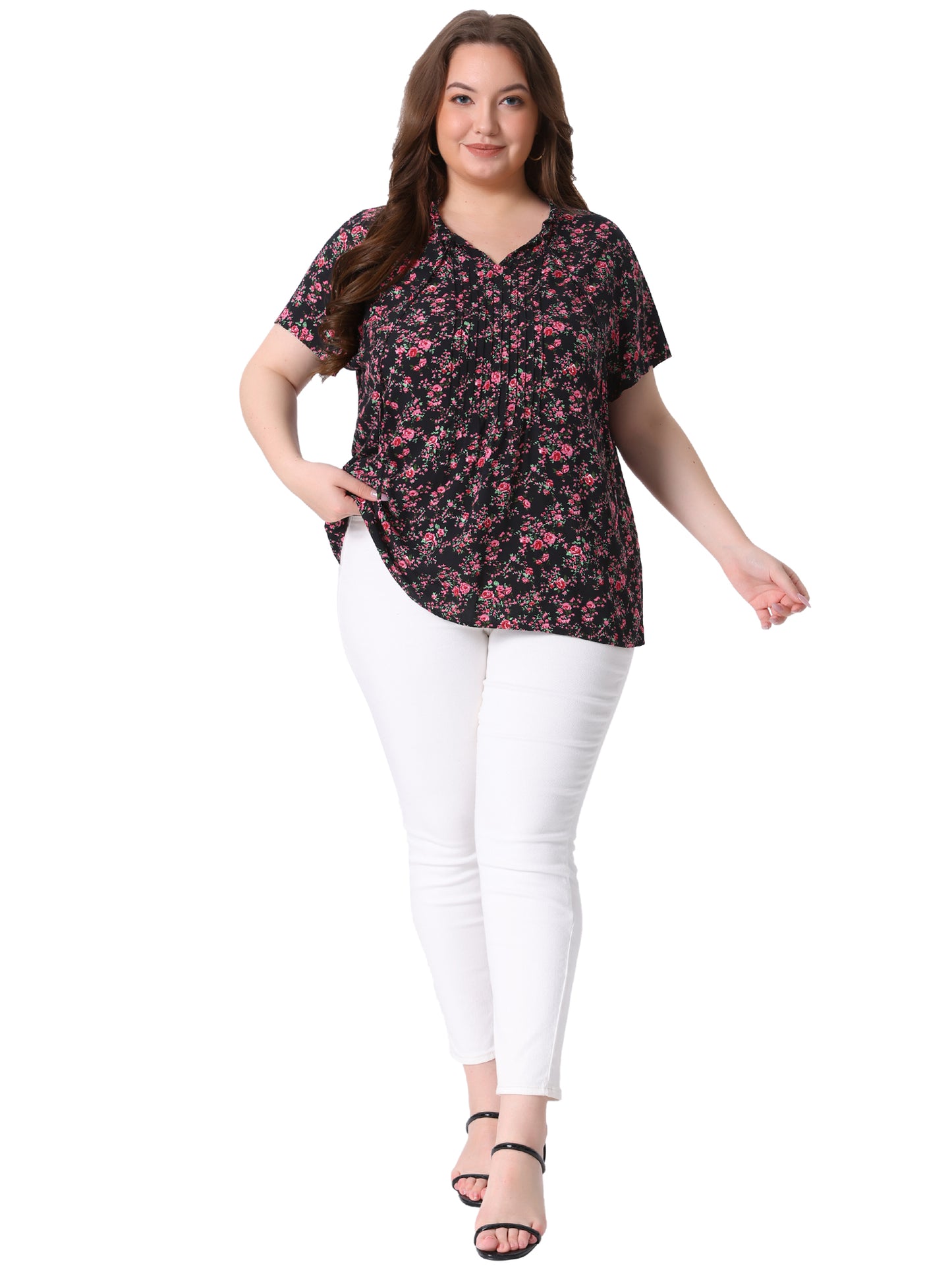 Women Plus Size Tie Neck Short Sleeve Pleated Floral Summer Blouse