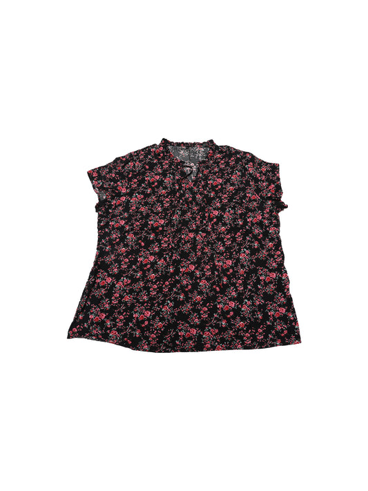 Women Plus Size Tie Neck Short Sleeve Pleated Floral Summer Blouse