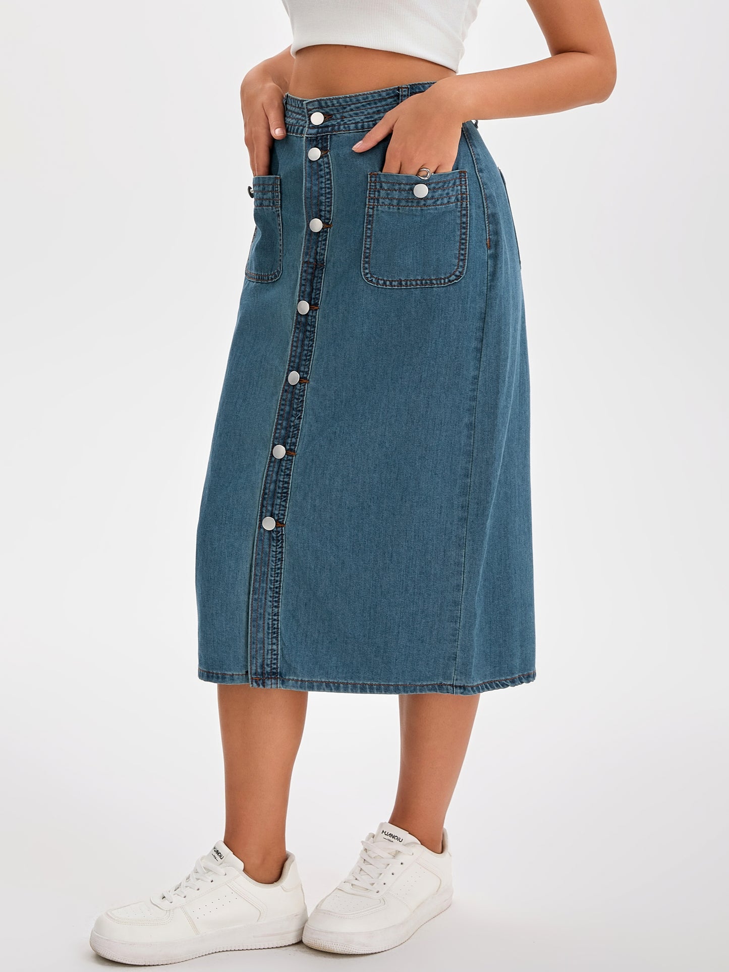 Women's Denim Button Down Front Slit High Waist Pencil Midi Skirt