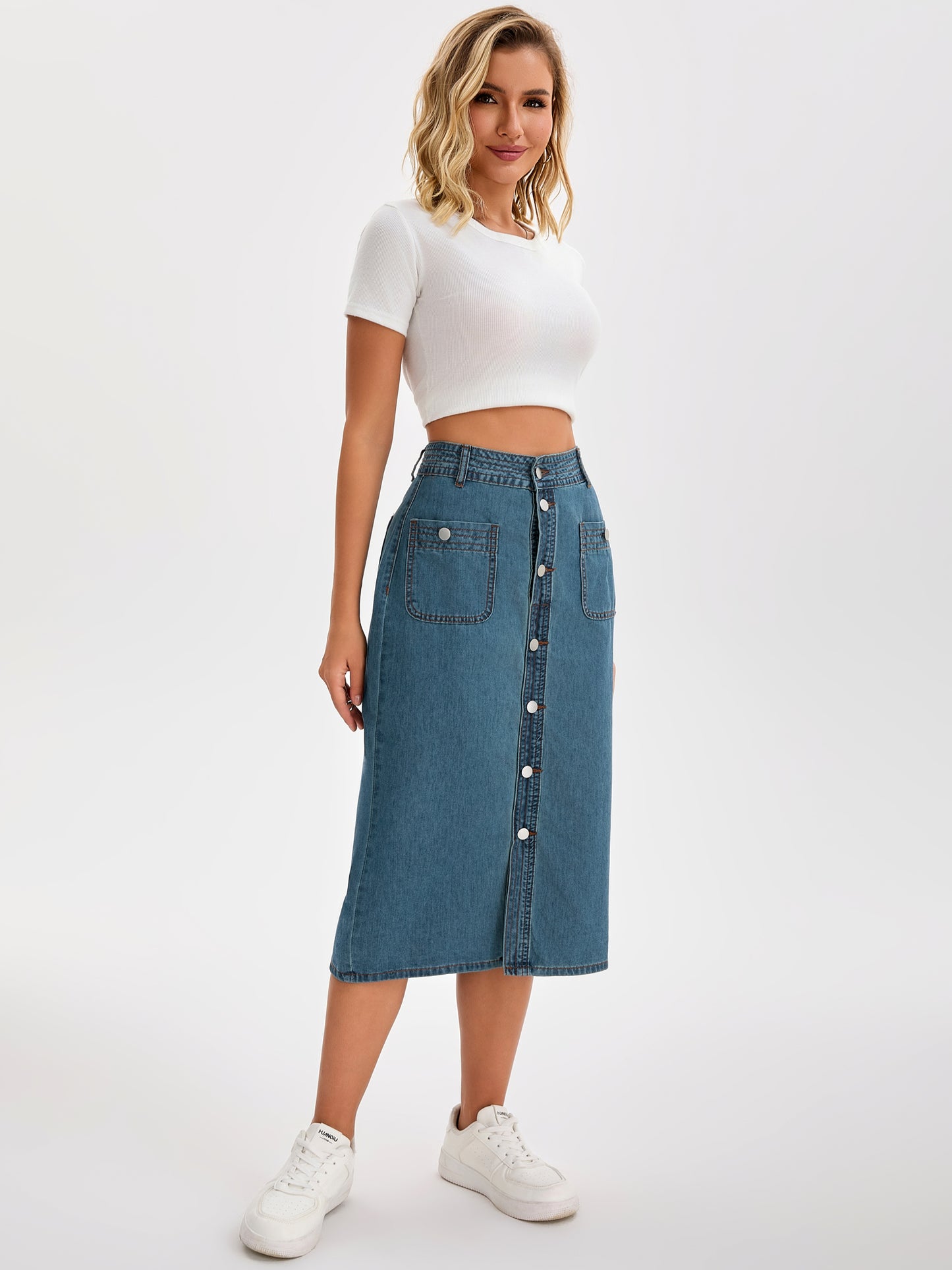 Women's Denim Button Down Front Slit High Waist Pencil Midi Skirt