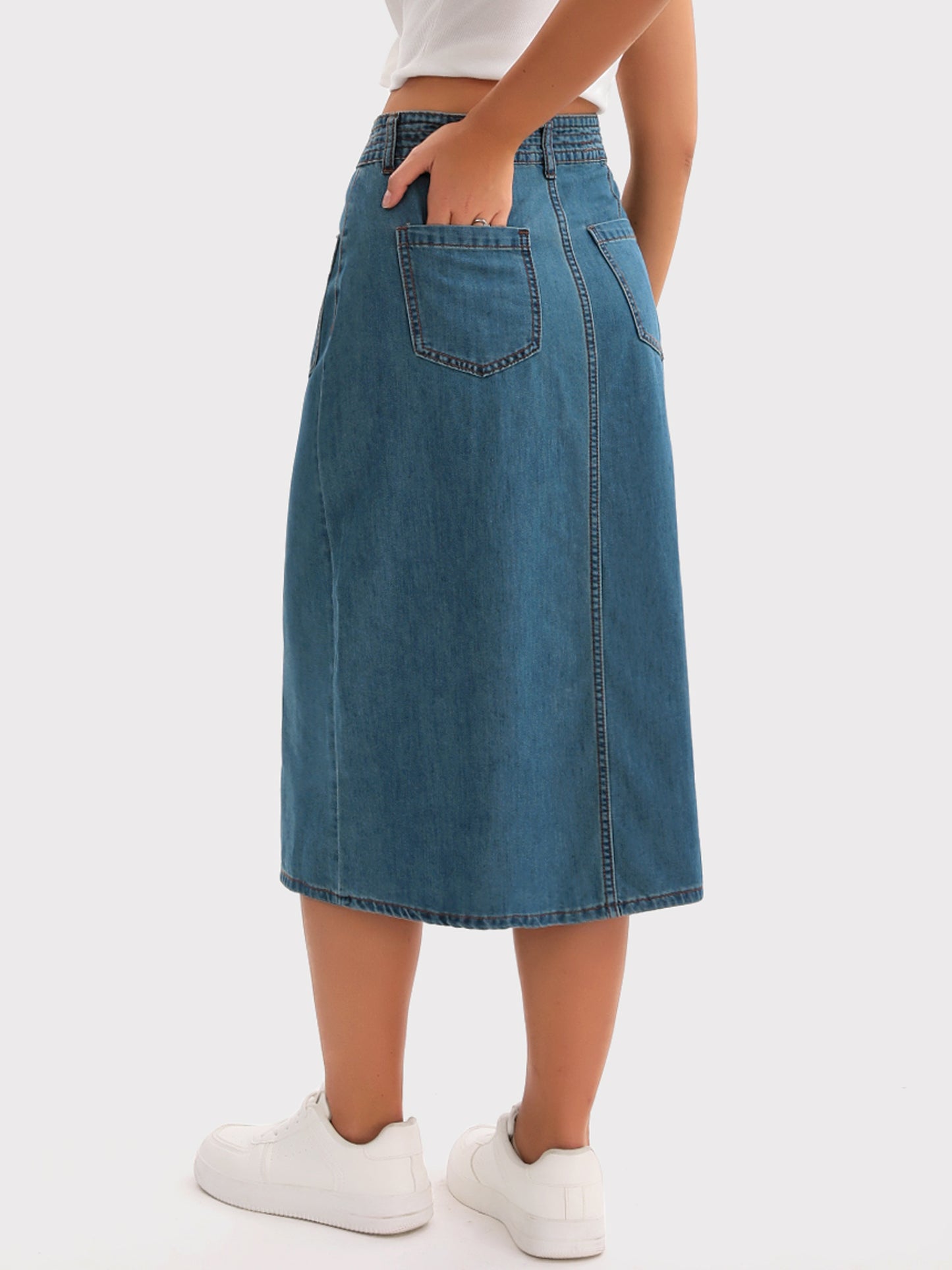 Women's Denim Button Down Front Slit High Waist Pencil Midi Skirt