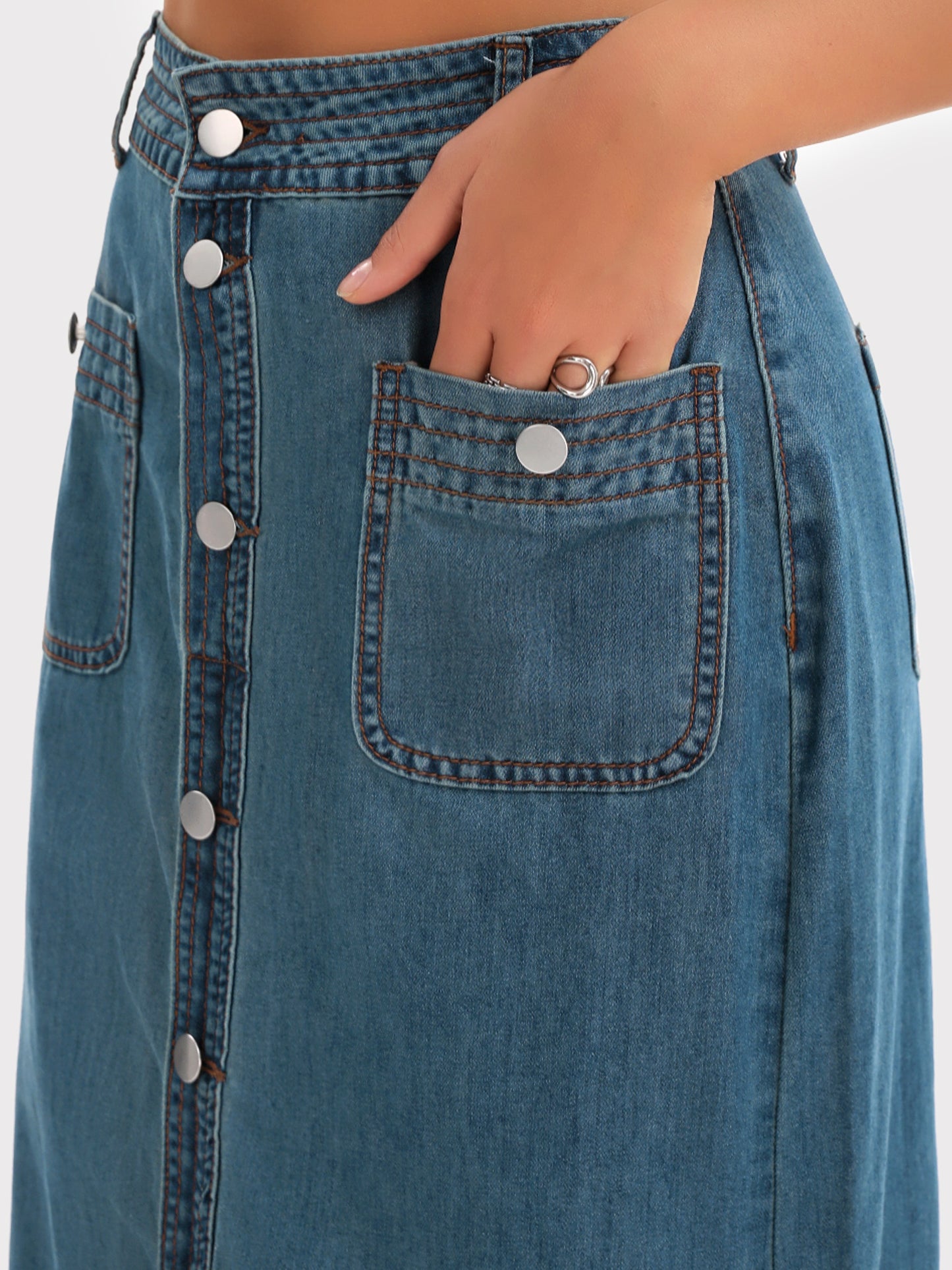 Women's Denim Button Down Front Slit High Waist Pencil Midi Skirt