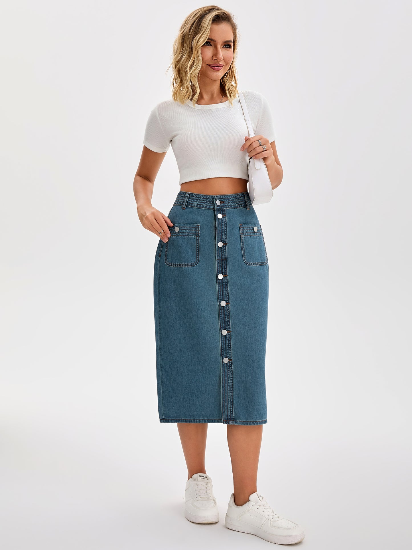 Women's Denim Button Down Front Slit High Waist Pencil Midi Skirt