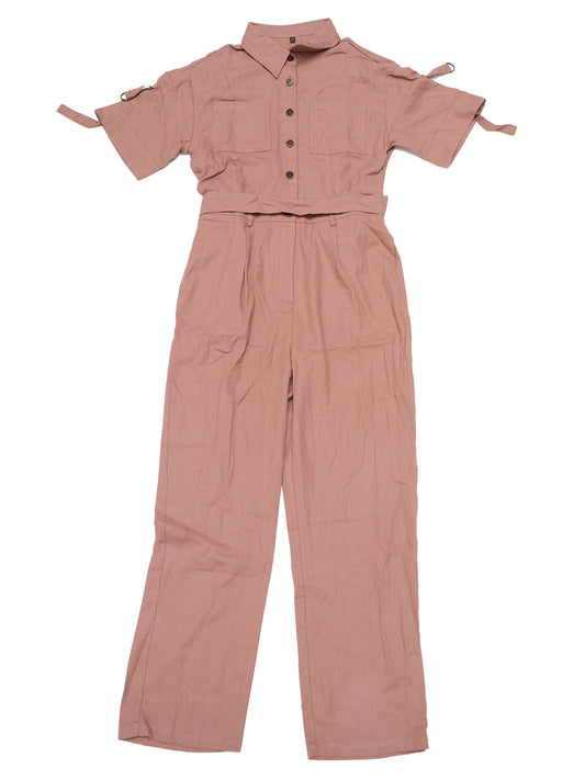 Women's Short Sleeve Collared Cropped Coverall  Button Down Tie Waist Cotton Cargo Jumpsuit