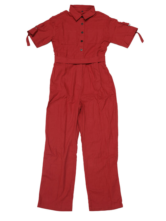 Women's Short Sleeve Collared Cropped Coverall  Button Down Tie Waist Cotton Cargo Jumpsuit