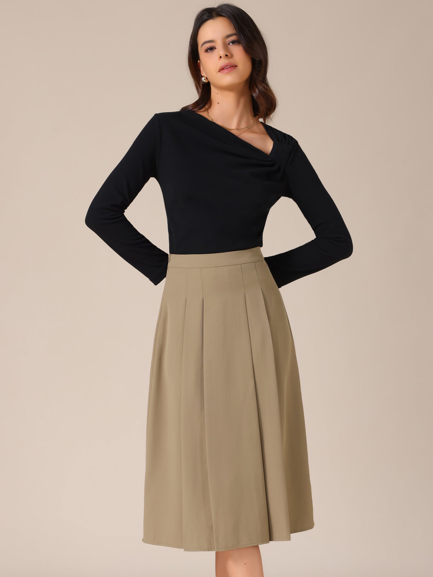 Women's High Waist Fall Work Office A-Line Pleated Midi Skirt