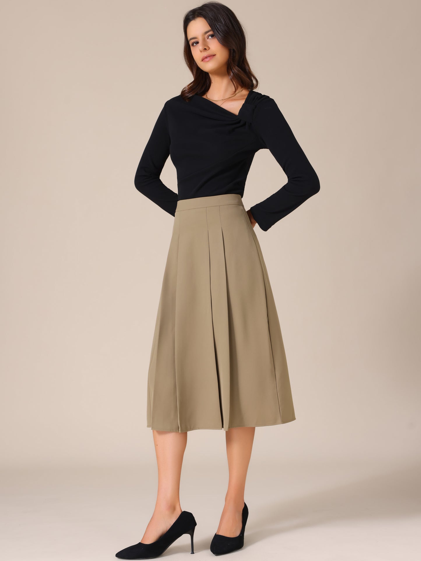 Women's High Waist Fall Work Office A-Line Pleated Midi Skirt