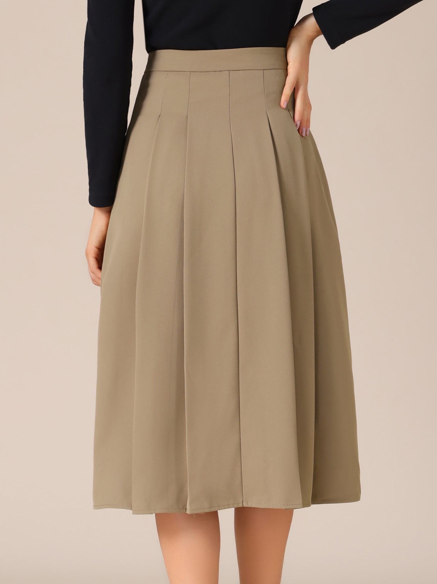 Women's High Waist Fall Work Office A-Line Pleated Midi Skirt