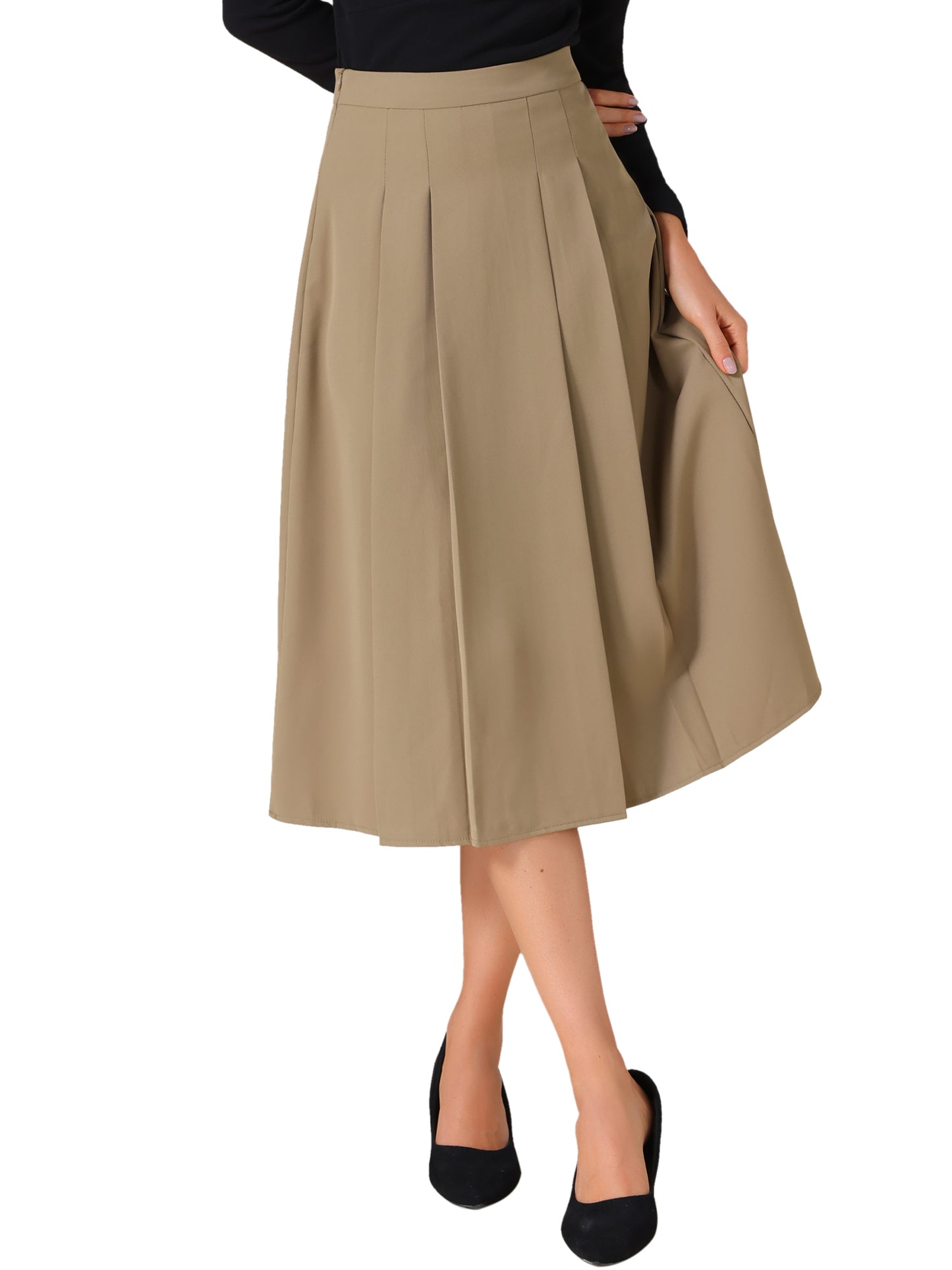 Women's High Waist Fall Work Office A-Line Pleated Midi Skirt