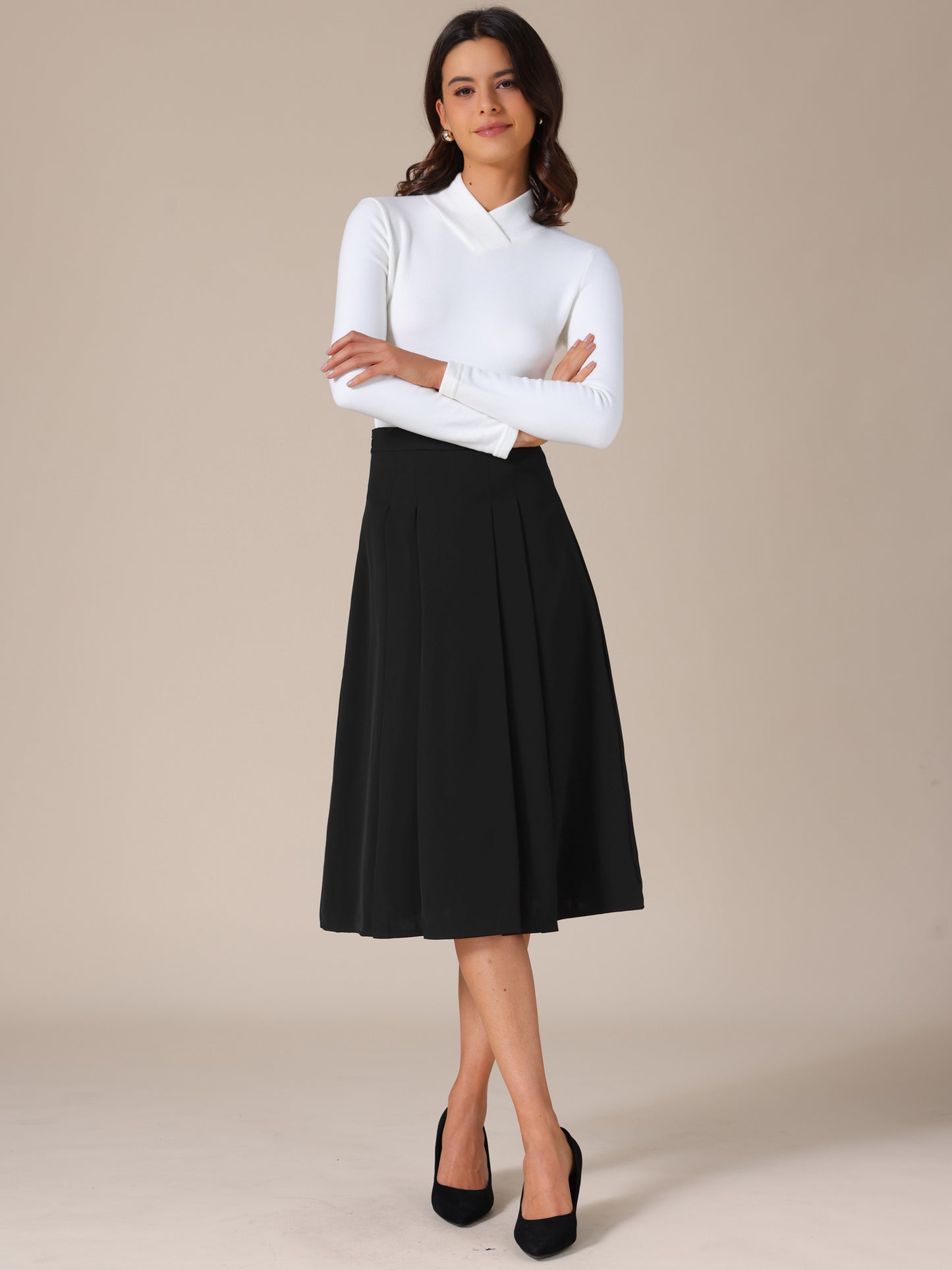 Falda midi plisada de cintura alta para oficina de otoño para mujer