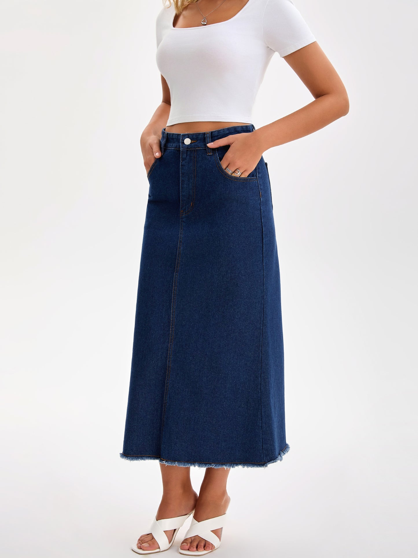 Women A Line High Waisted Raw Hem Casual Denim Maxi Skirt