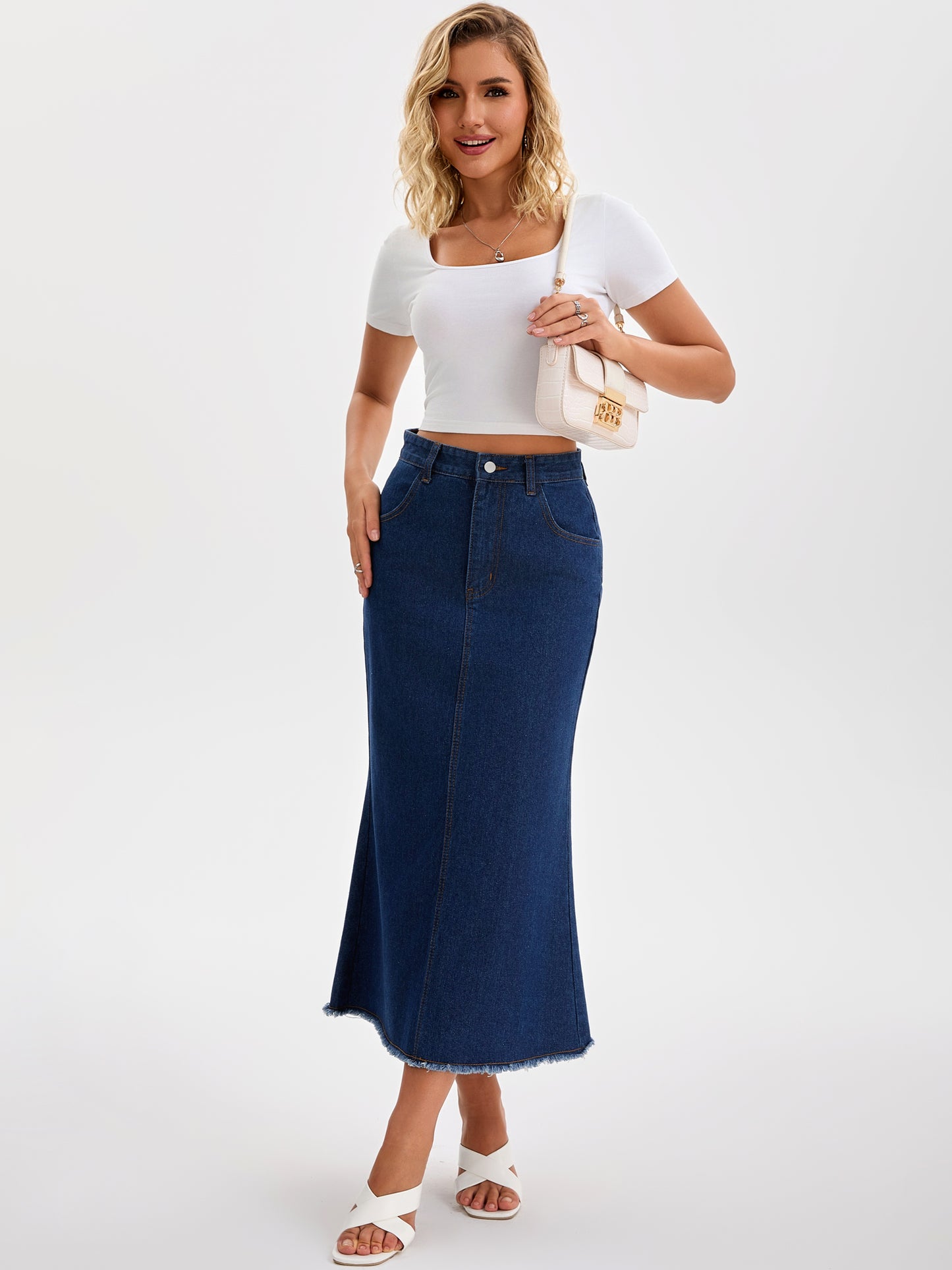 Women A Line High Waisted Raw Hem Casual Denim Maxi Skirt