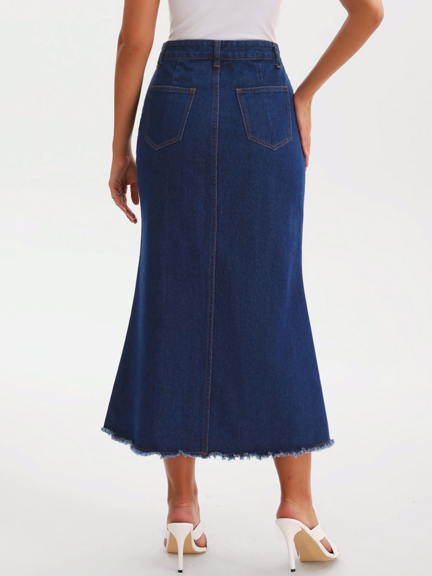 Women A Line High Waisted Raw Hem Casual Denim Maxi Skirt
