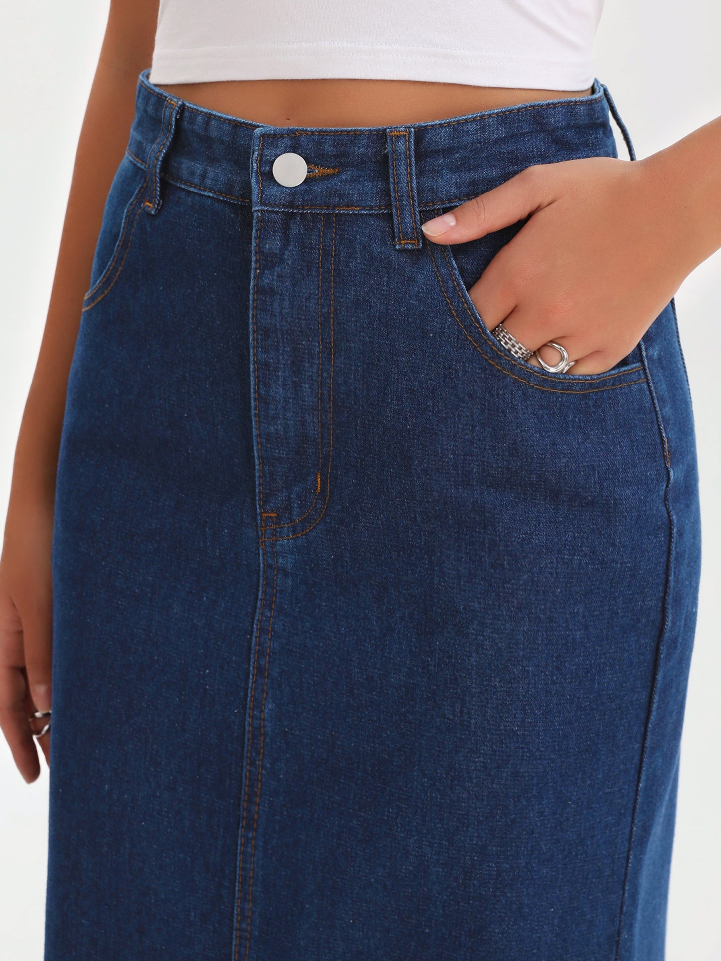 Women A Line High Waisted Raw Hem Casual Denim Maxi Skirt