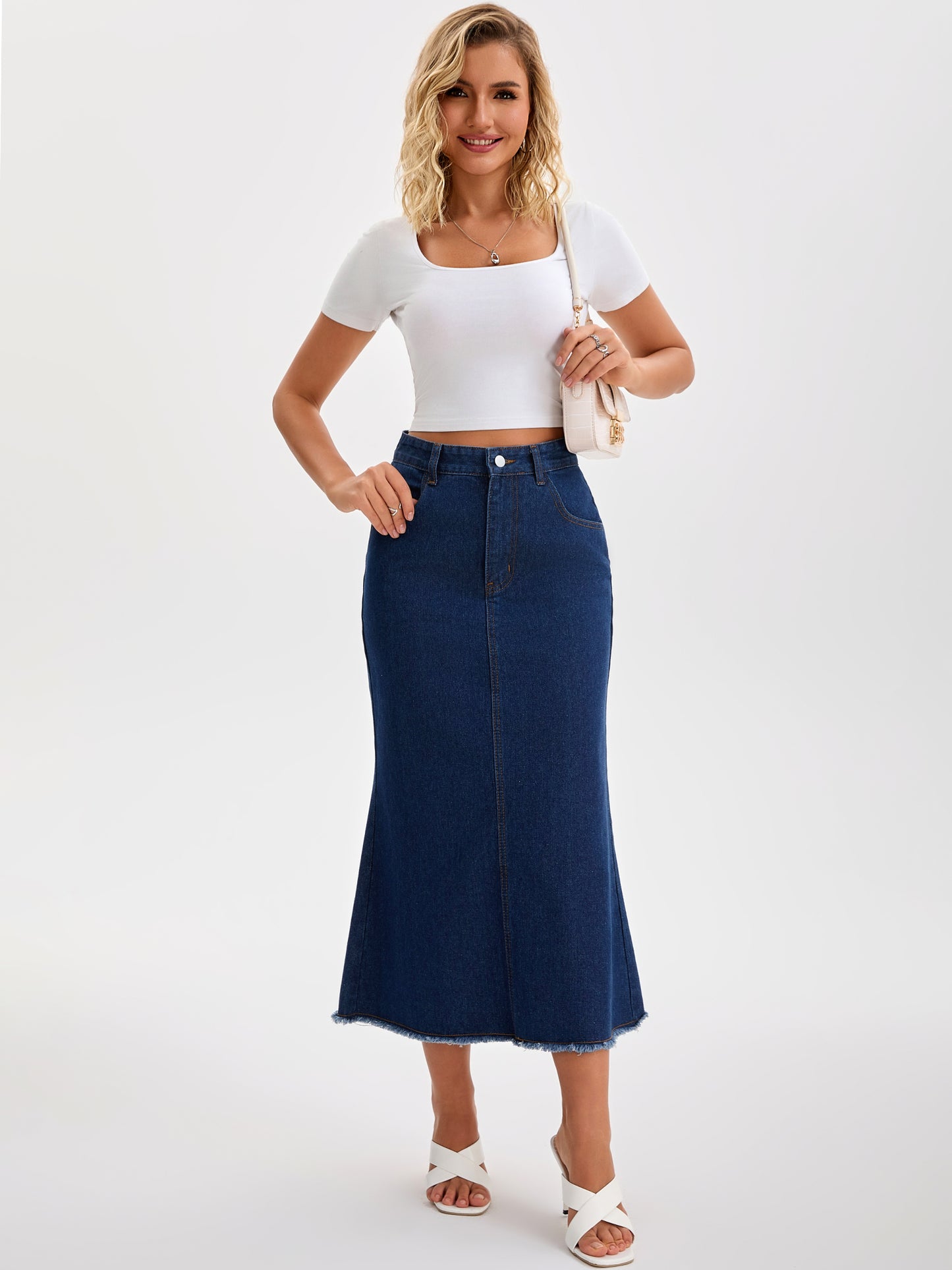 Women A Line High Waisted Raw Hem Casual Denim Maxi Skirt