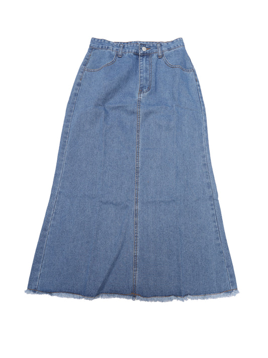 Women A Line High Waisted Raw Hem Casual Denim Maxi Skirt