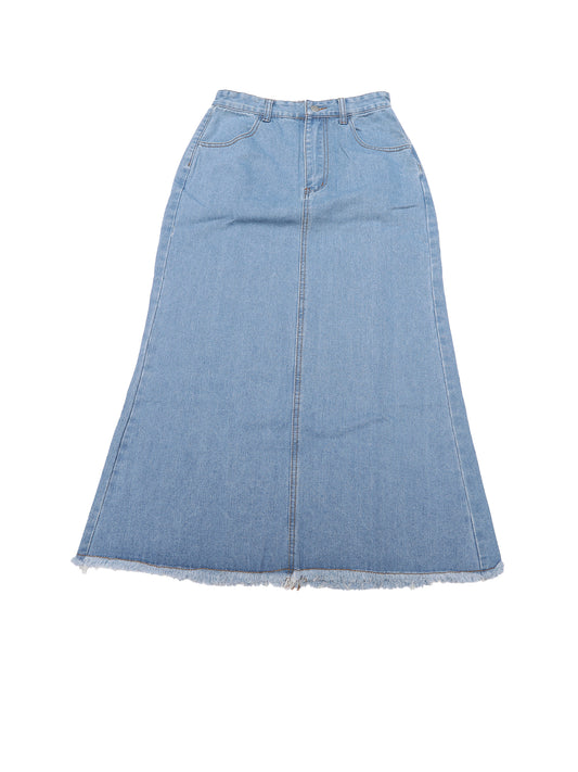 Women A Line High Waisted Raw Hem Casual Denim Maxi Skirt