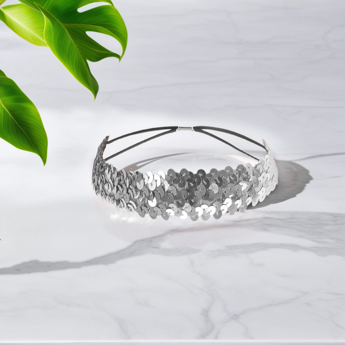 Elastic Band Sequins Headbands for Women Silver Tone 1 Pc
