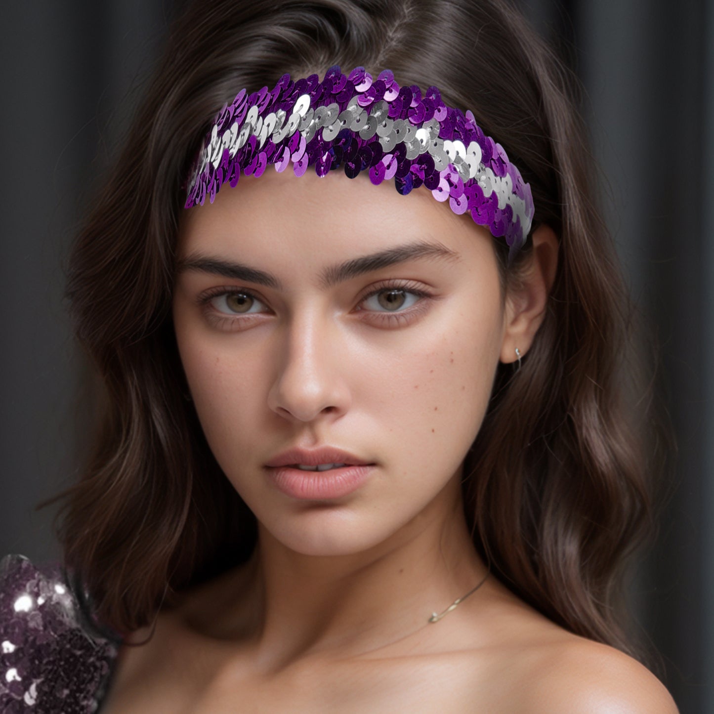 Diademas elásticas con lentejuelas para mujer, color morado y plateado, 1 unidad