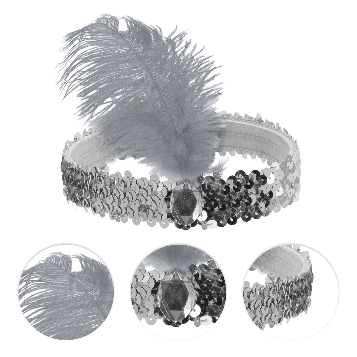 Diademas de lentejuelas con diamantes de imitación y plumas para mujer, color gris, 1 unidad