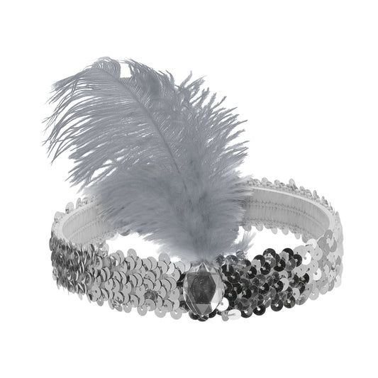 Diademas de lentejuelas con diamantes de imitación y plumas para mujer, color gris, 1 unidad